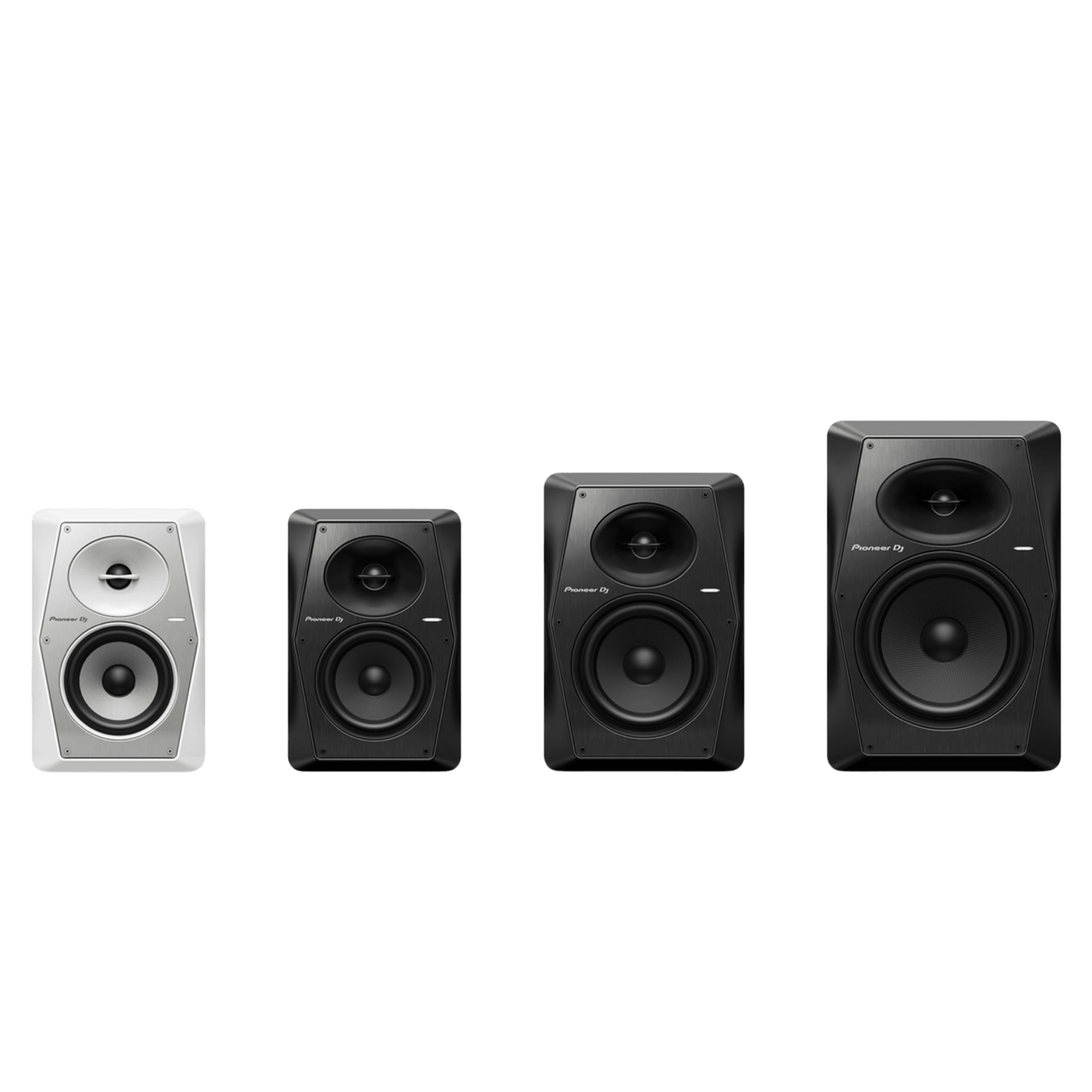 Pioneer DJ VM-70 active speakers with black finish, featuring large speaker cones and control panels for professional audio.