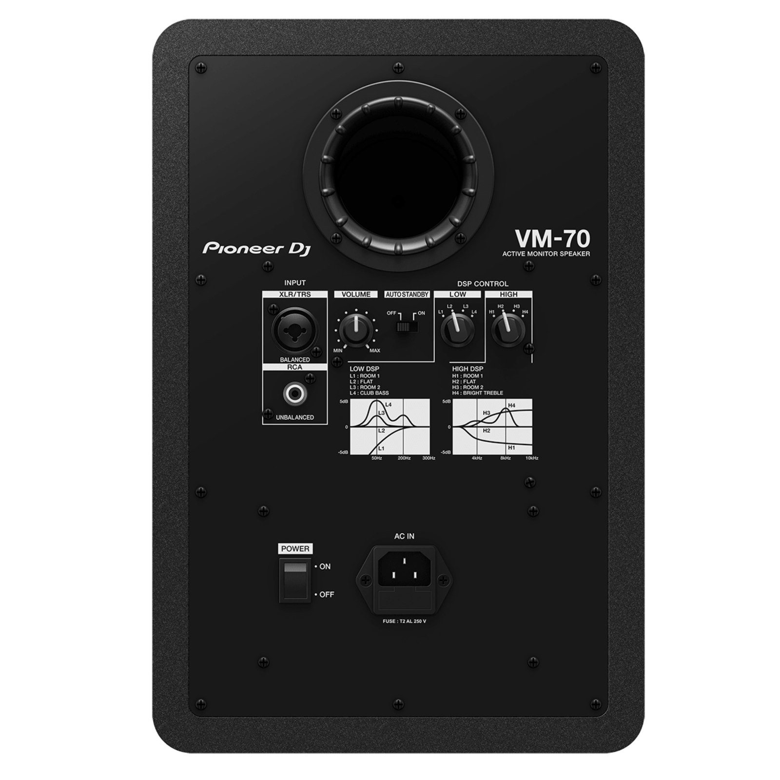 Pioneer DJ VM-70 active speakers with sleek black design, featuring multiple control knobs and audio input ports.
