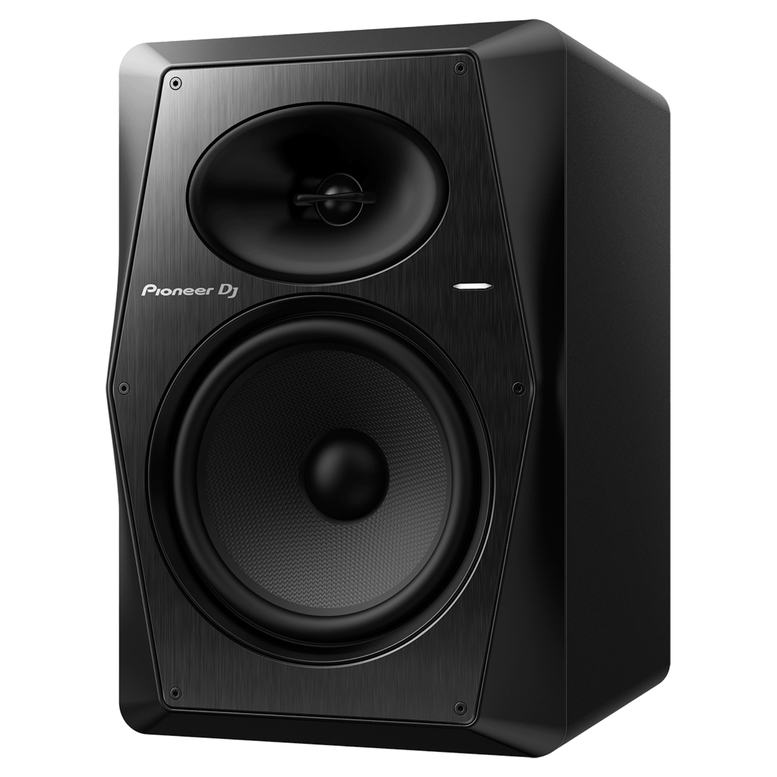 Pioneer DJ VM-80 active speakers with sleek black cabinets and front-facing controls, designed for professional audio setups.