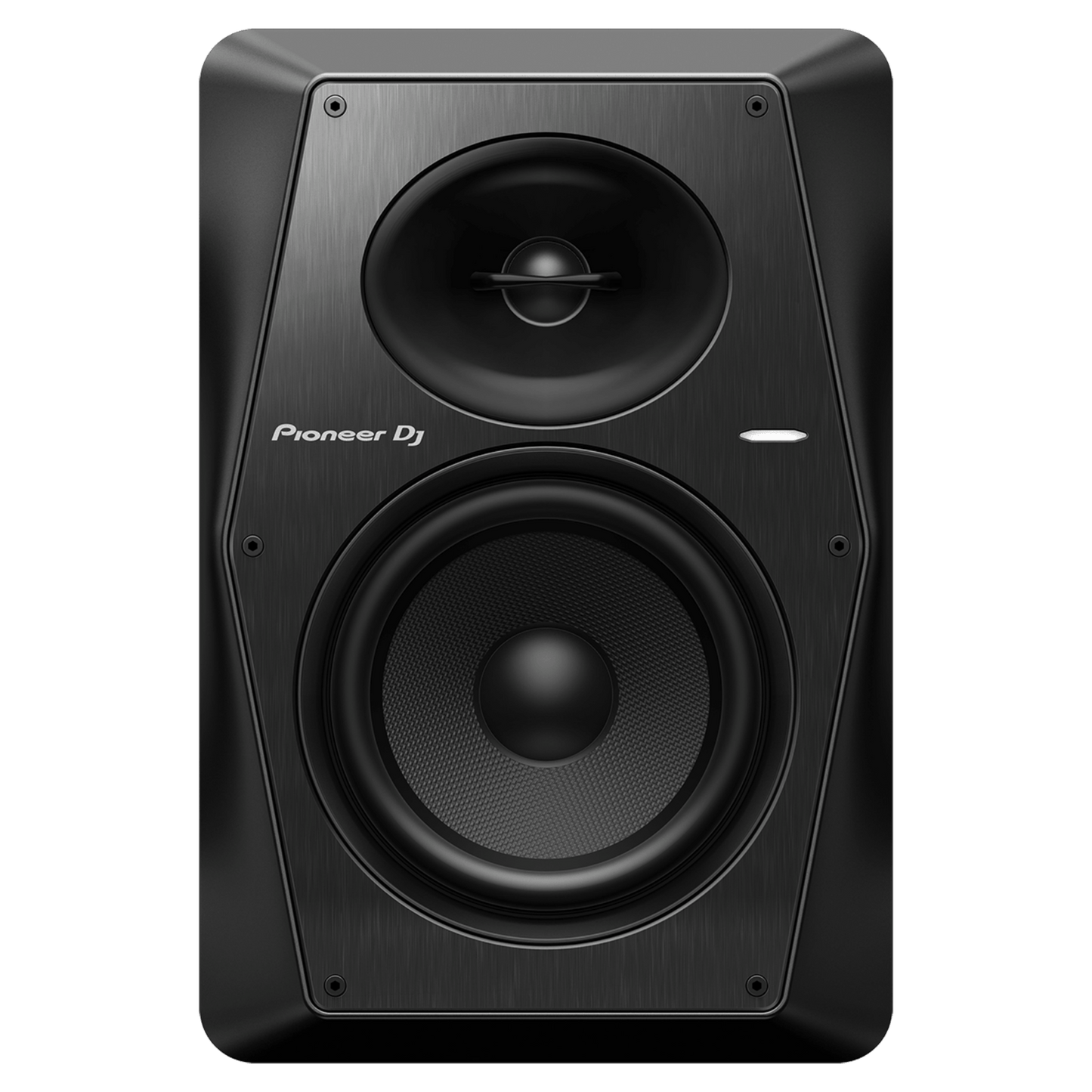 Pair of Pioneer DJ VM-80 active speakers with black enclosures and control panels, designed for professional audio setups.