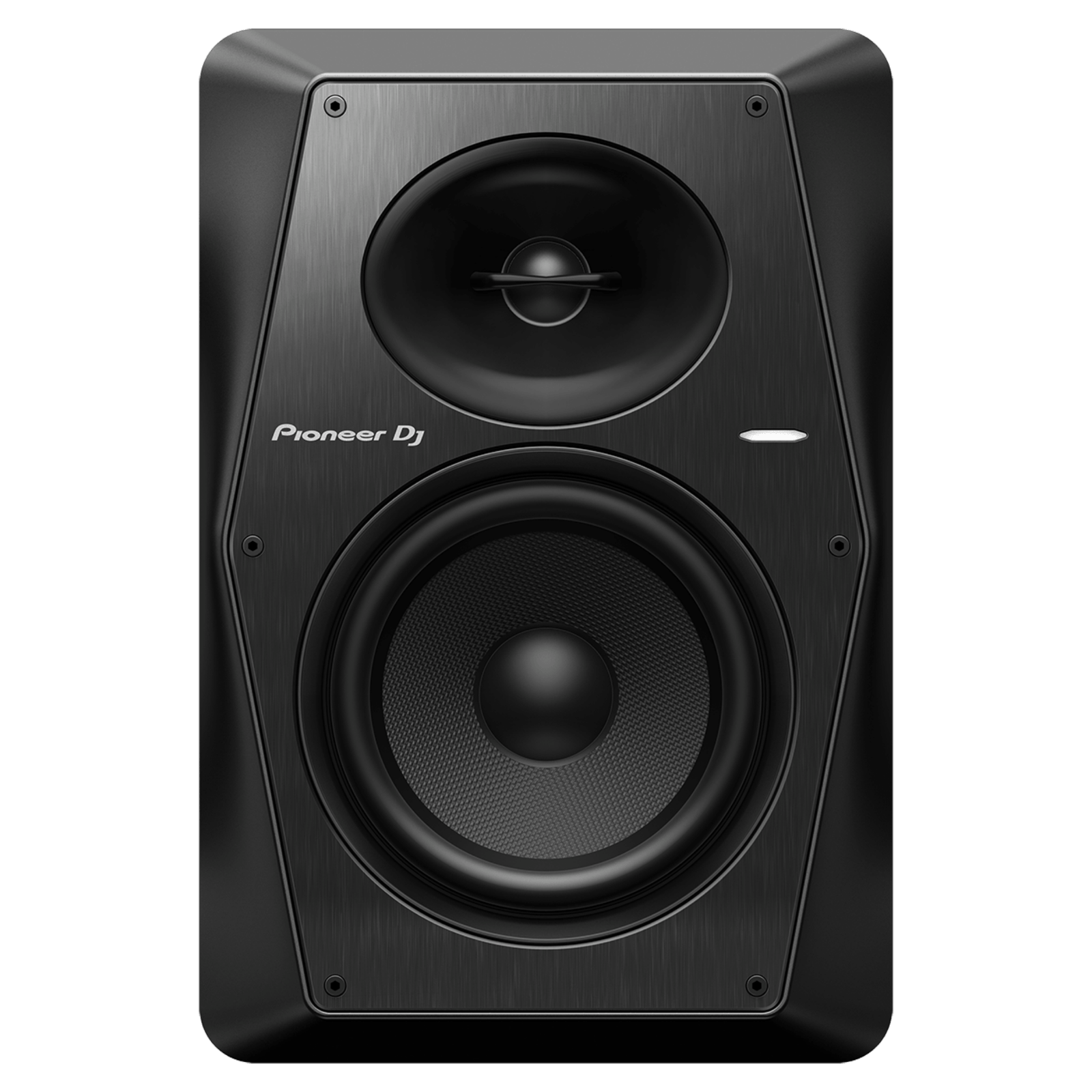 Pair of Pioneer DJ VM-80 active speakers with black enclosures and control panels, designed for professional audio setups.