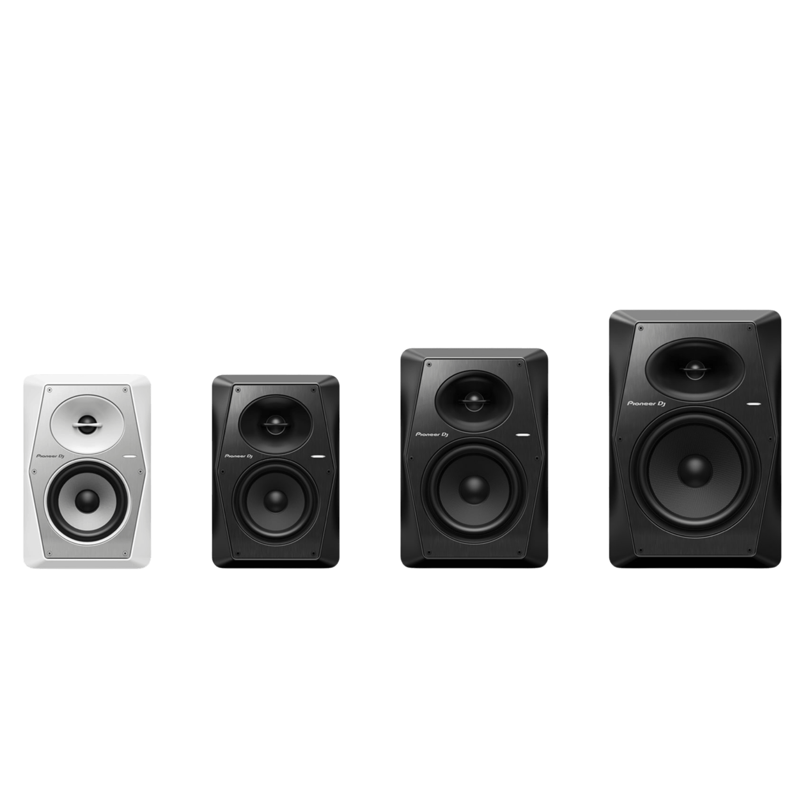 Pioneer DJ VM-80 active speakers with black enclosure, front grille, and control knobs visible, designed for professional audio use.