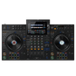 Pioneer DJ XDJ-AZ all-in-one DJ system with dual touchscreen displays and professional controls on a sleek black interface.