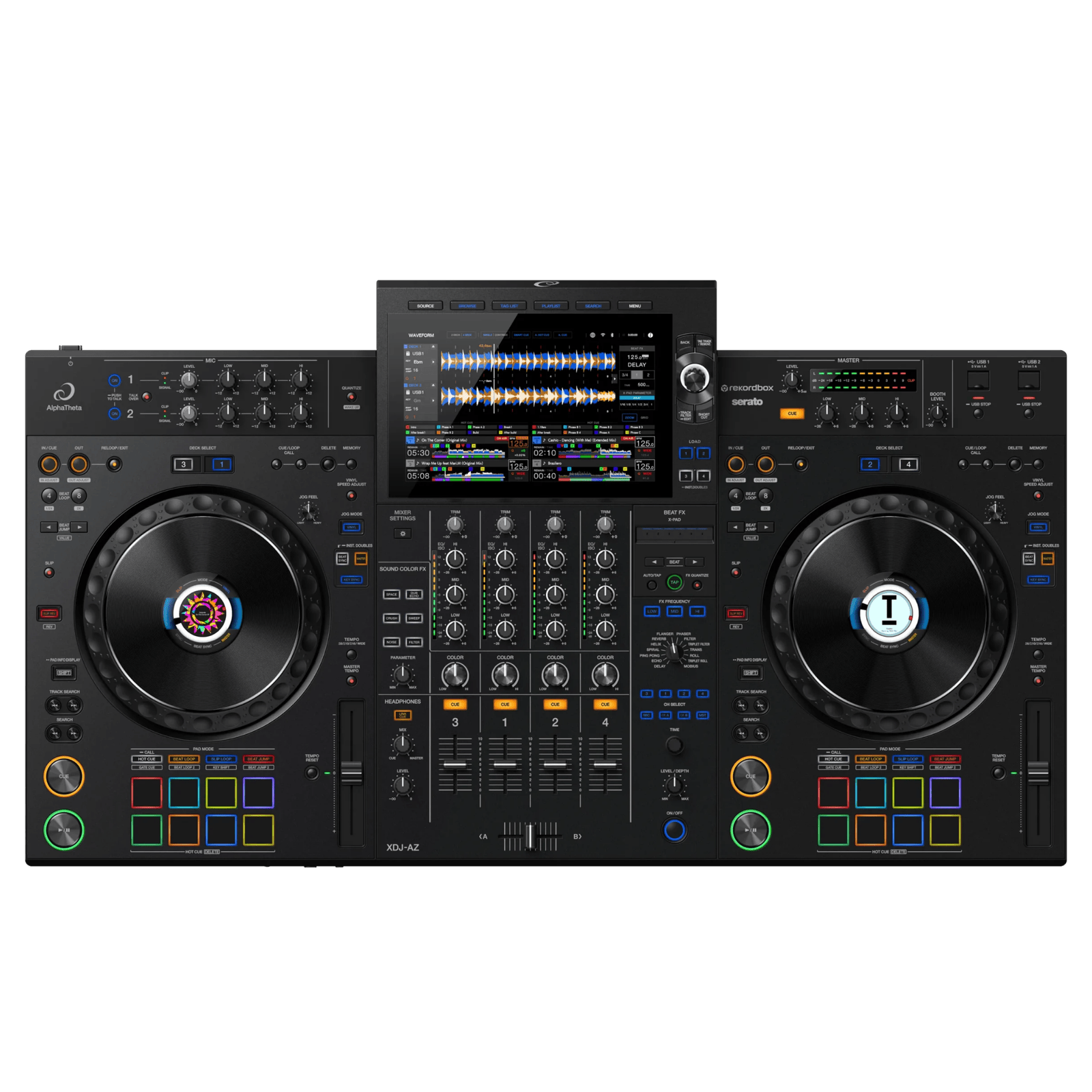 Pioneer DJ XDJ-AZ all-in-one DJ system with dual touchscreen displays and professional controls on a sleek black interface.