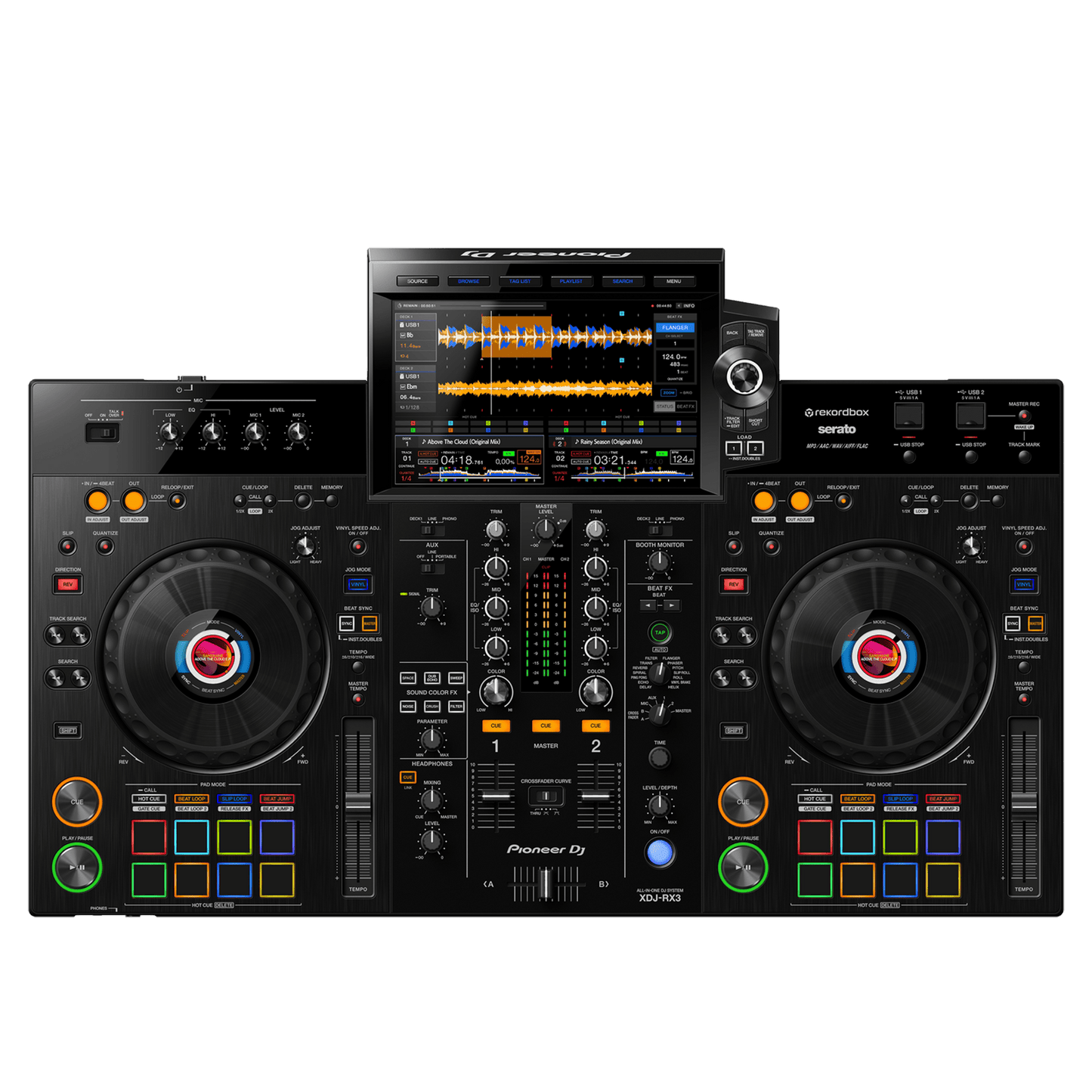 Pioneer DJ XDJ-RX3 all-in-one DJ system with dual turntables, mixer, and digital display for professional DJ performances