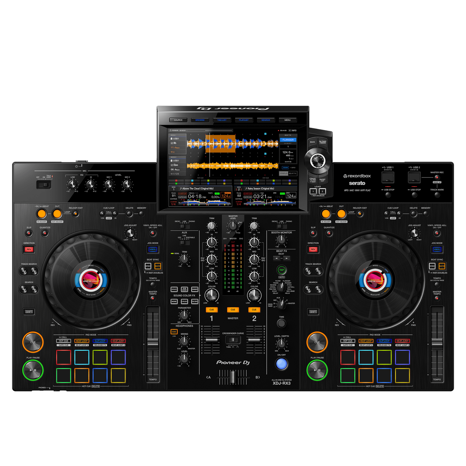 Pioneer DJ XDJ-RX3 all-in-one DJ system with dual turntables, mixer, and digital display for professional DJ performances