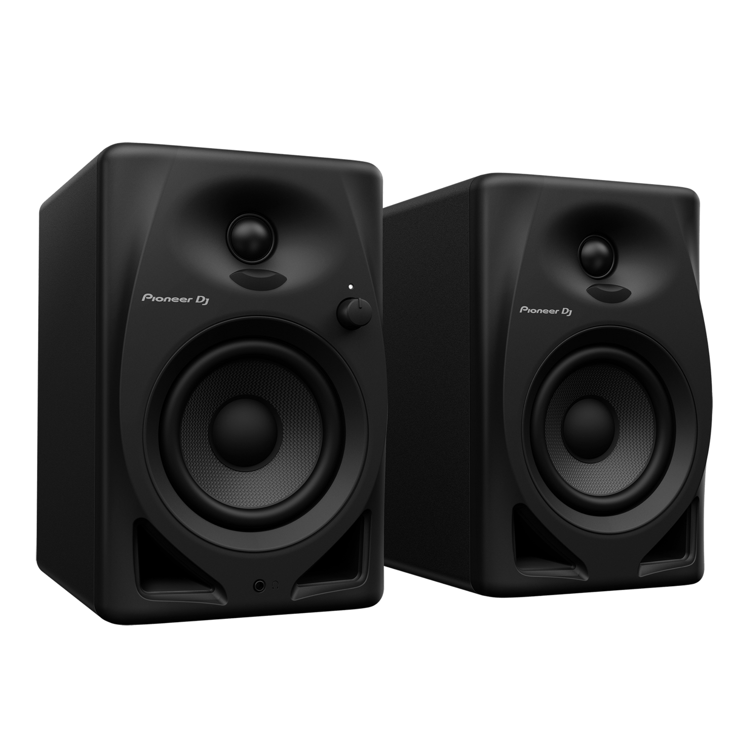 Pioneer DJ DM-40D desktop monitors showing sleek black speaker design with control knobs and front-facing speaker cones