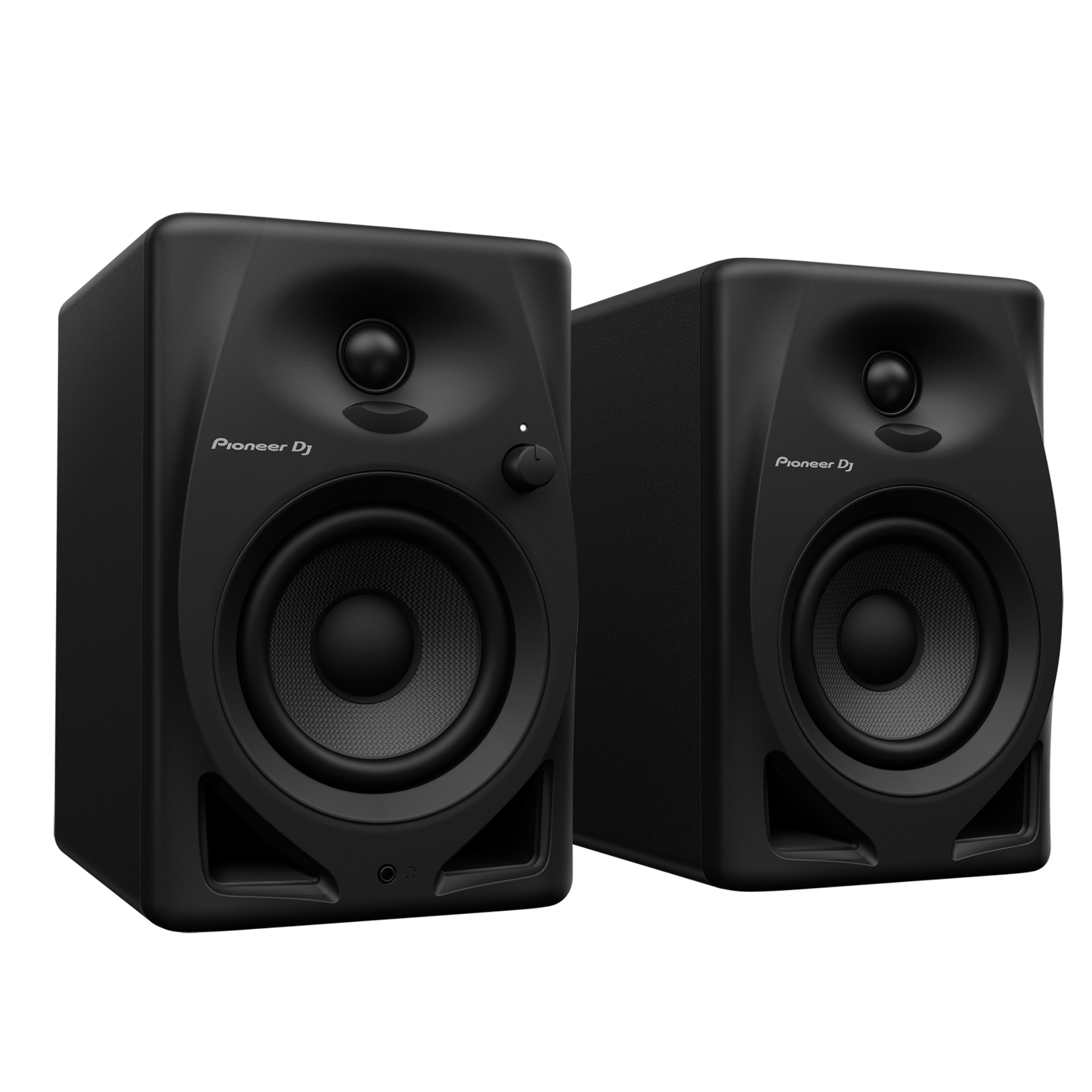 Pioneer DJ DM-40D desktop monitors showing sleek black speaker design with control knobs and front-facing speaker cones