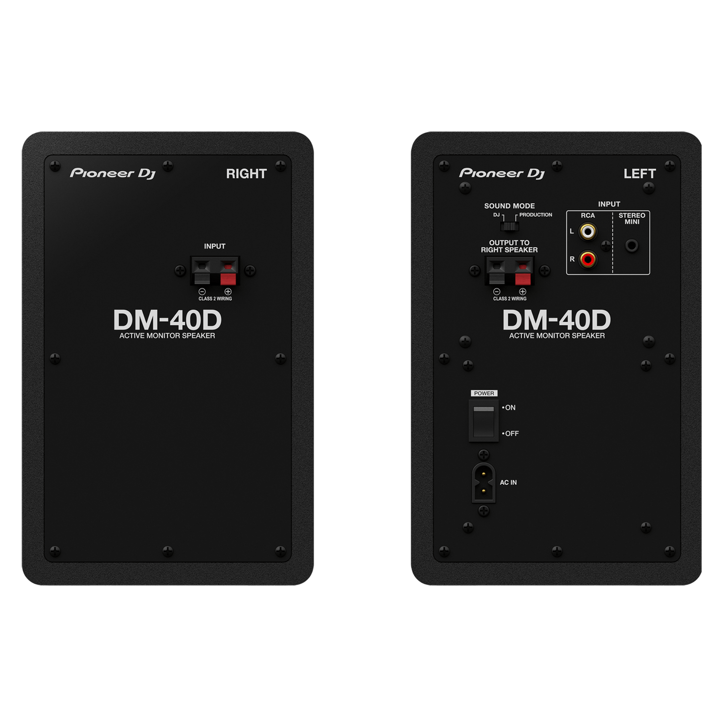 Pioneer DJ DM-40D desktop monitors showing black speaker cabinets with control knobs and a sleek design.