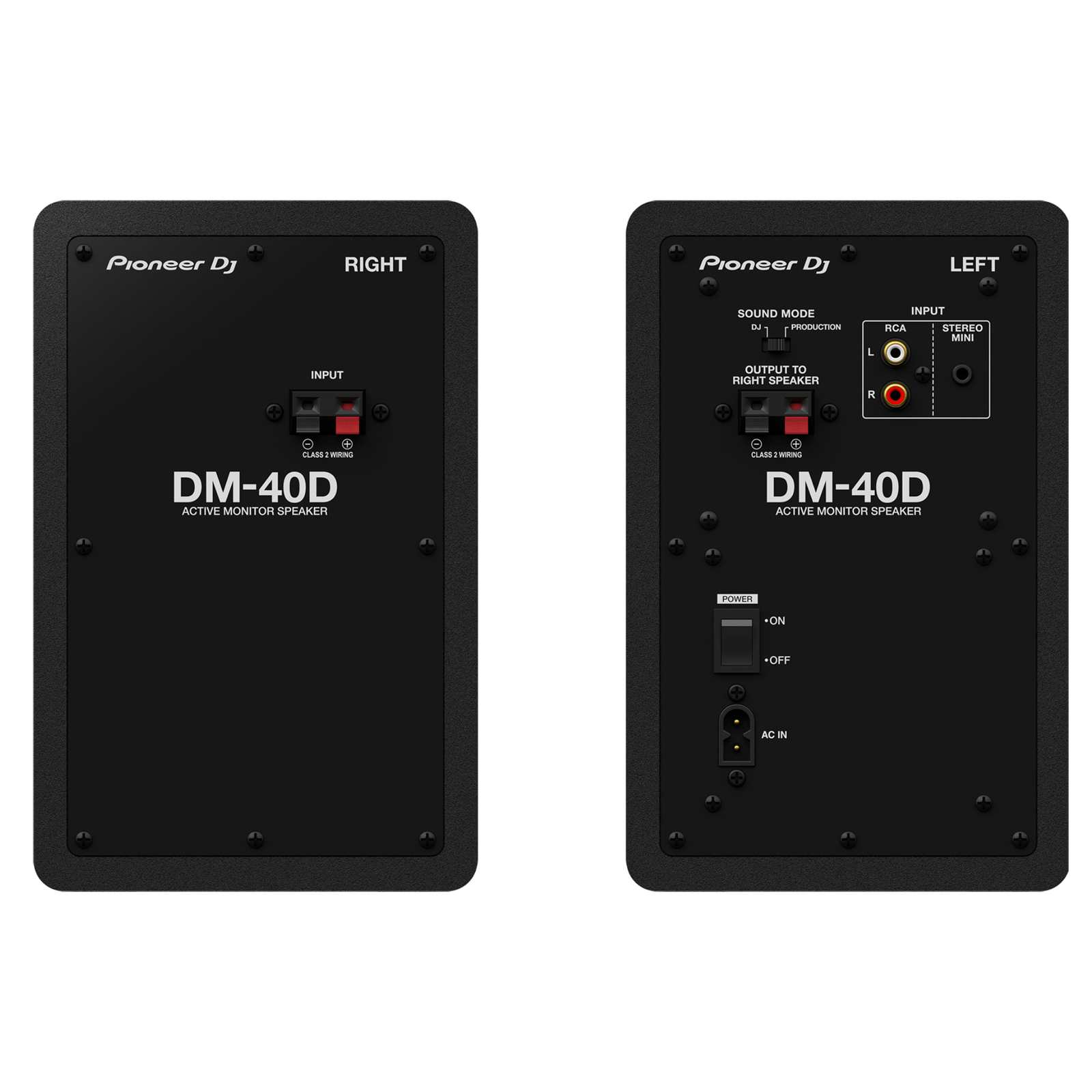 Pioneer DJ DM-40D desktop monitors showing black speaker cabinets with control knobs and a sleek design.