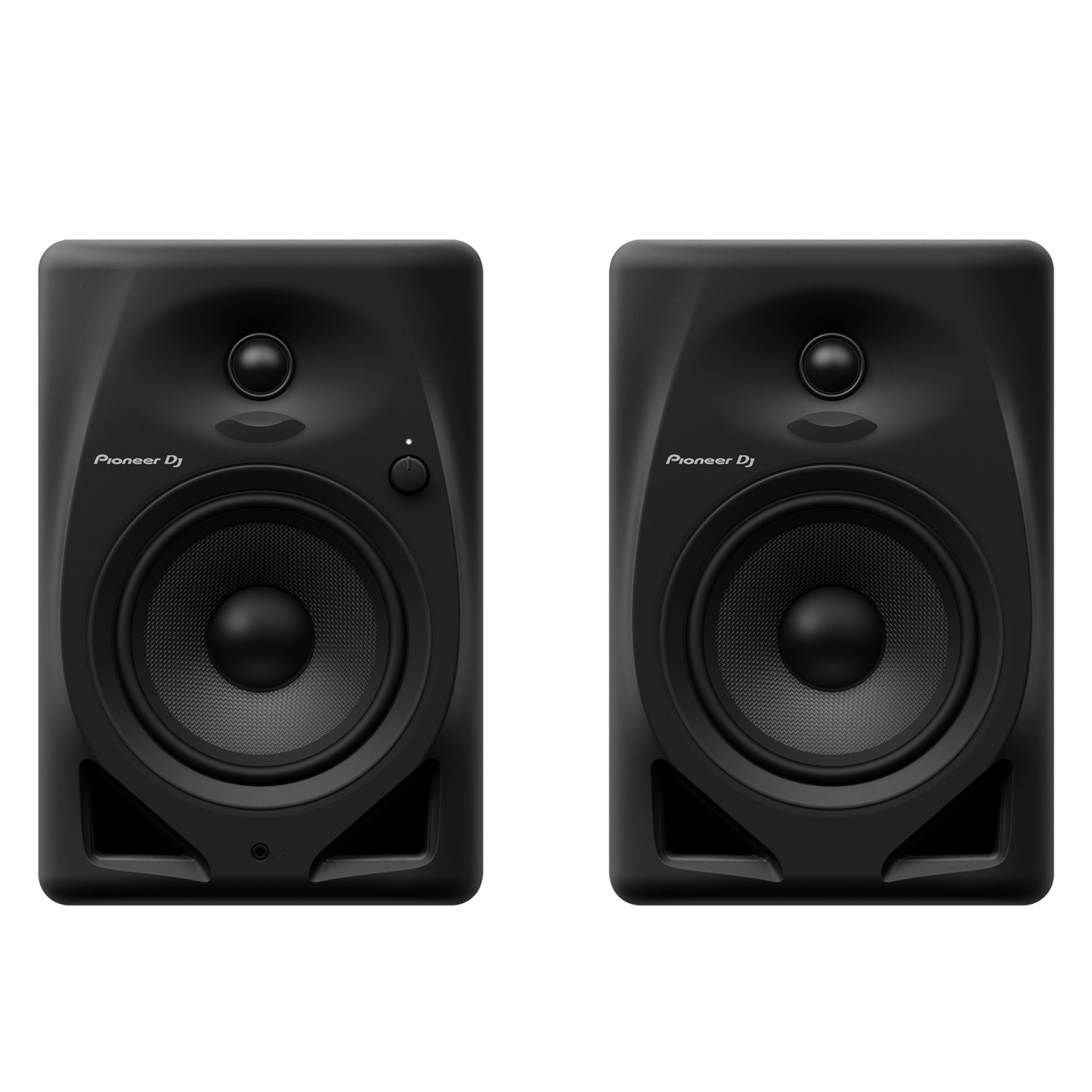 Pioneer DJ DM-50D desktop monitors with black finish, featuring dual speakers and control knobs on the front panel.