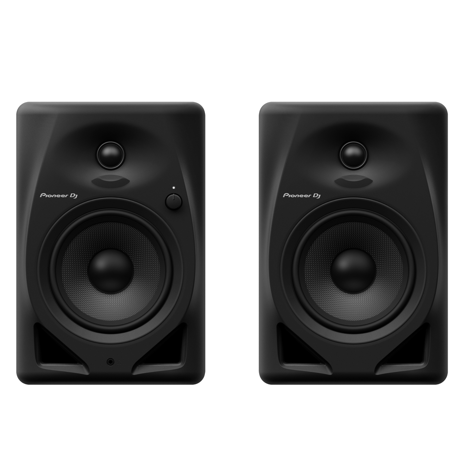 Pioneer DJ DM-50D desktop monitors with black finish, featuring dual speakers and control knobs on the front panel.