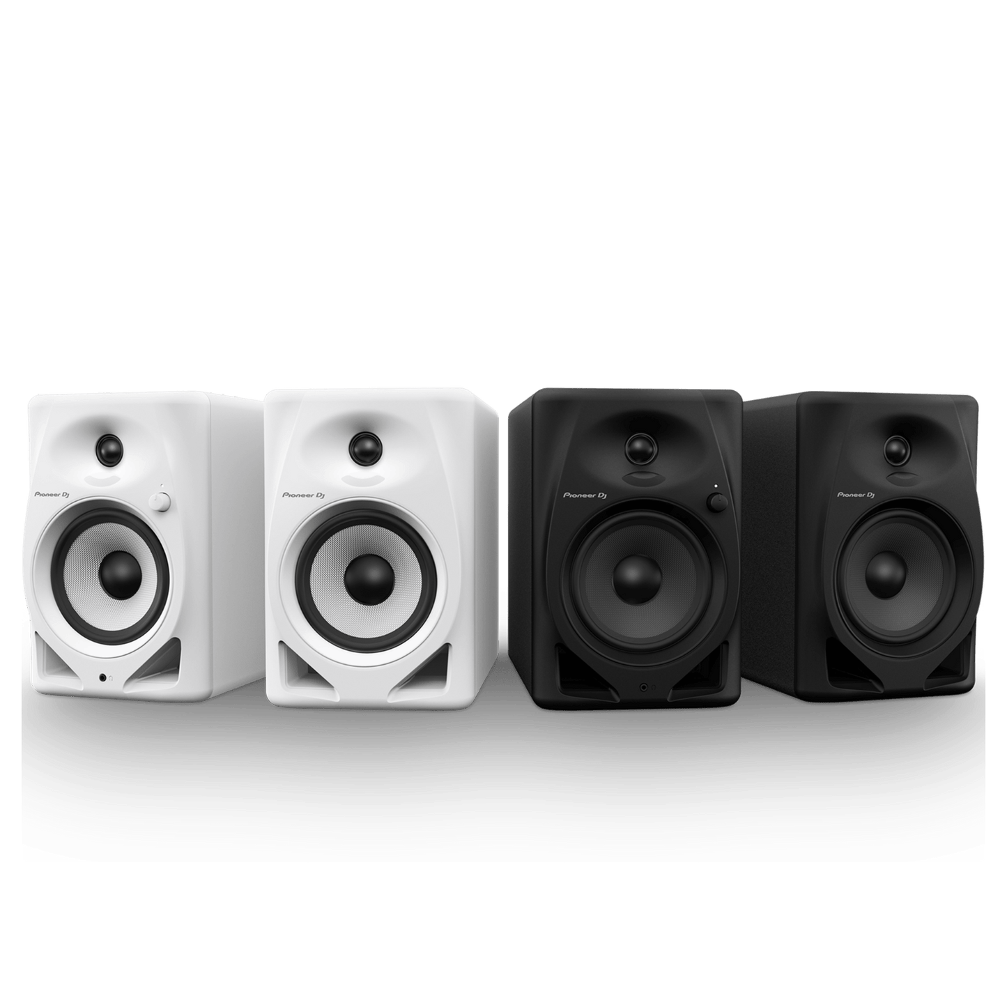 Pioneer DJ DM-50D desktop monitors with black finish, compact design, and front-facing controls for professional audio monitoring.