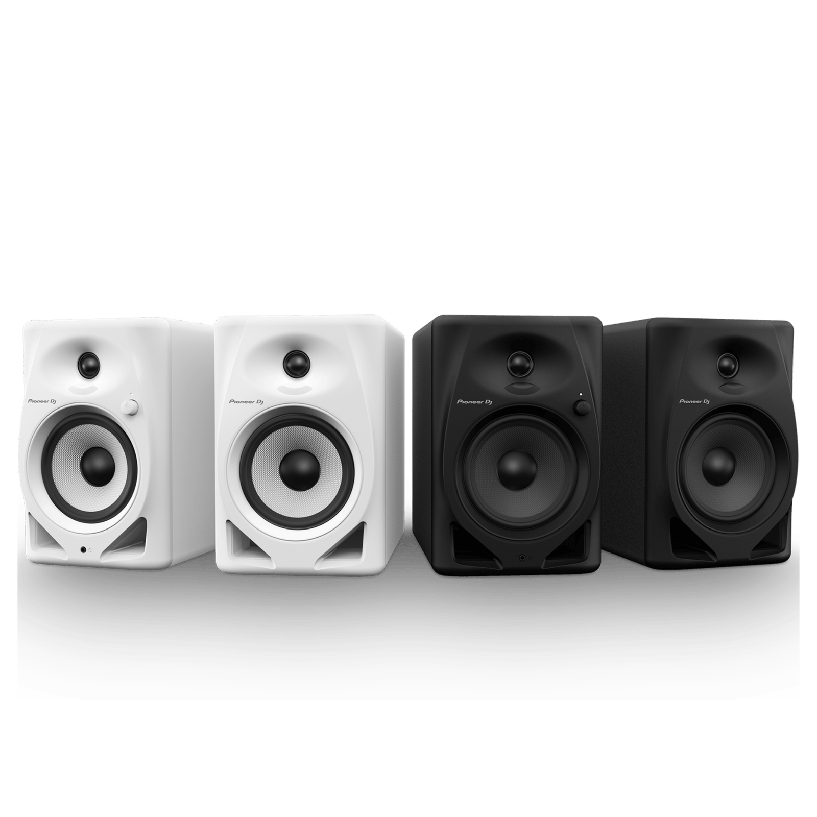 Pioneer DJ DM-50D desktop monitors with black finish, compact design, and front-facing controls for professional audio monitoring.