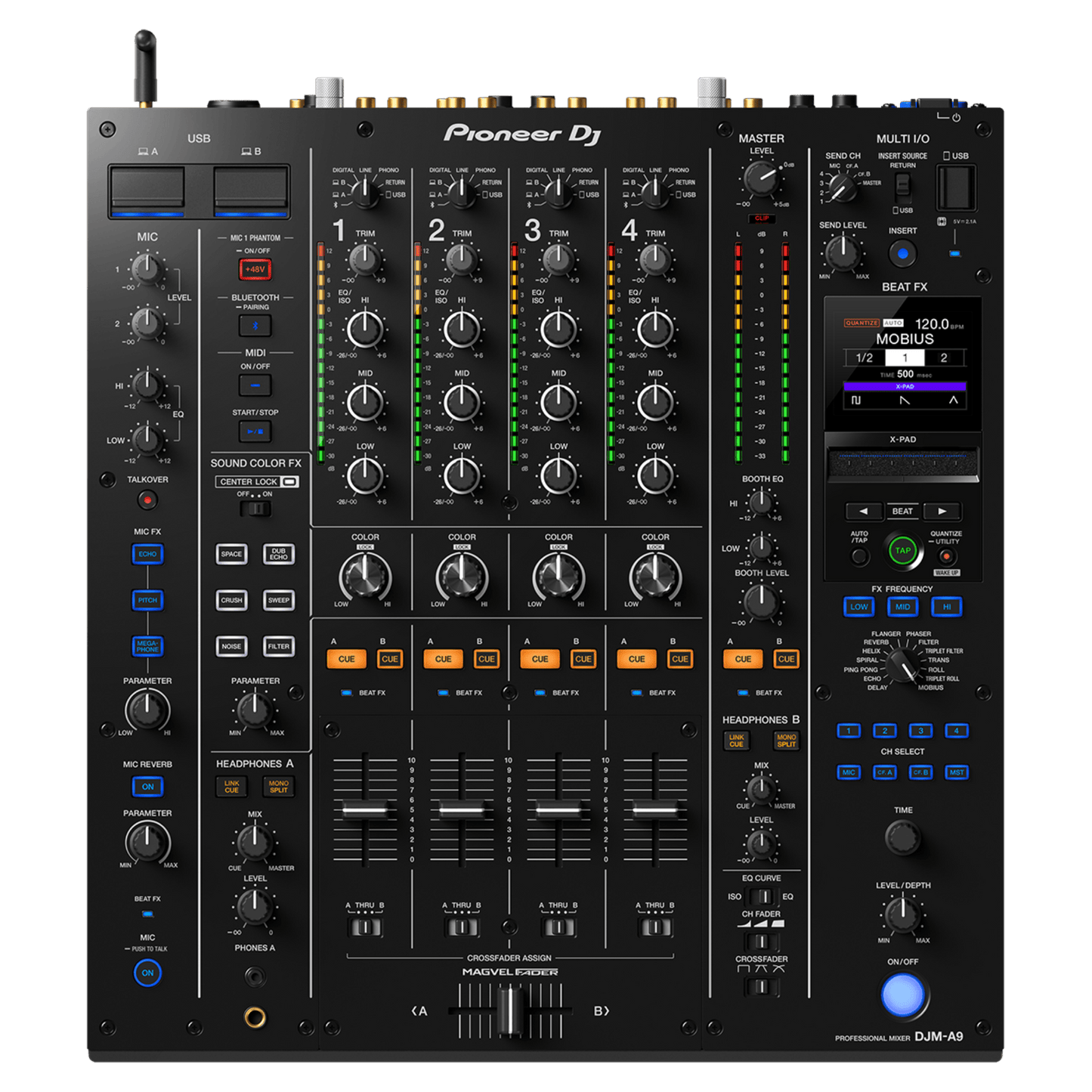 Pioneer DJ DJM-A9 professional 4-channel DJ mixer with multiple knobs and faders, designed for high-quality sound mixing.