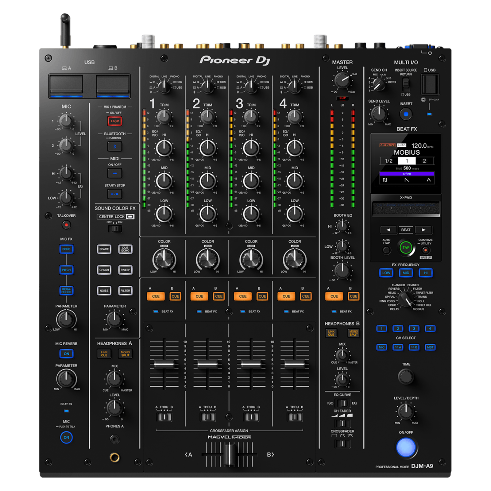 Pioneer DJ DJM-A9 professional 4-channel DJ mixer with multiple knobs and faders, designed for high-quality sound mixing.