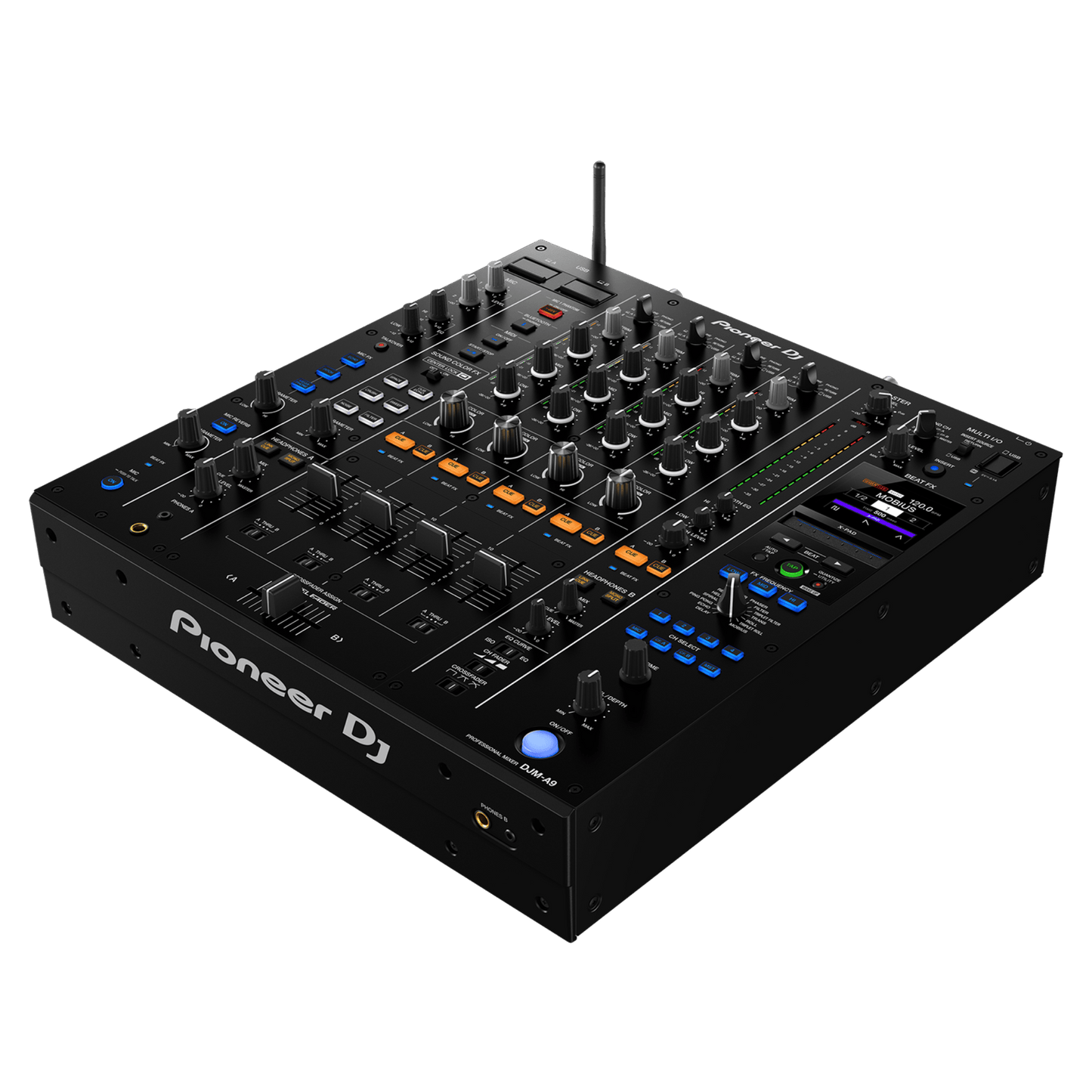 Pioneer DJ DJM-A9 professional 4-channel DJ mixer with multiple knobs and faders, designed for live DJ performances.