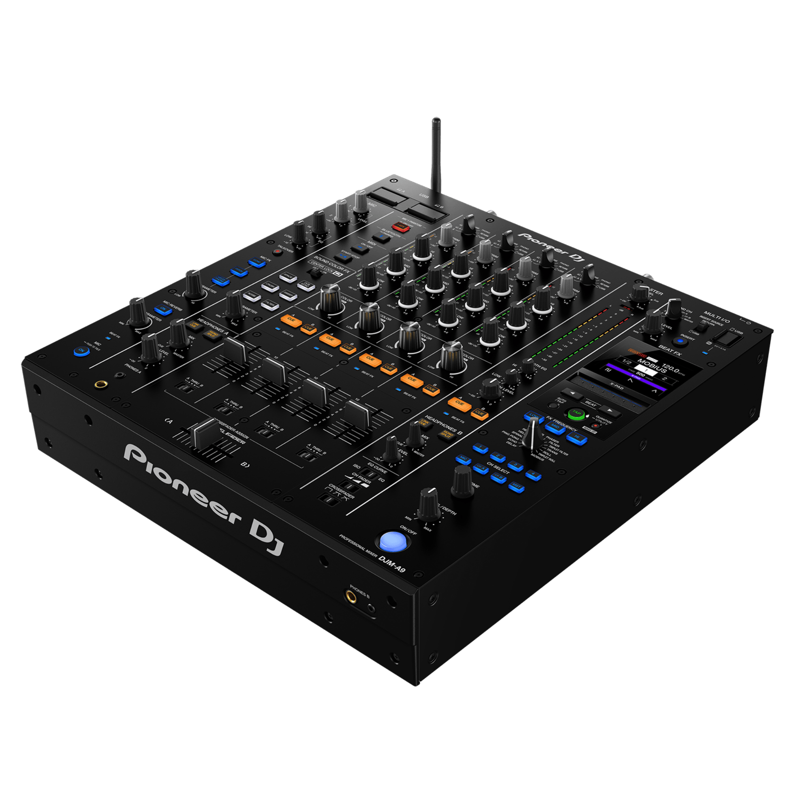 Pioneer DJ DJM-A9 professional 4-channel DJ mixer with multiple knobs and faders, designed for live DJ performances.
