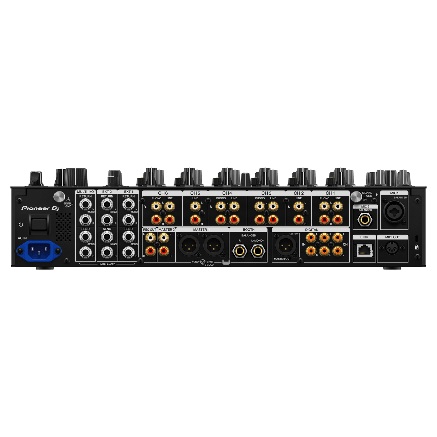 Pioneer DJ DJM-V10 professional 4-channel DJ mixer with multiple control knobs and input/output ports visible on the device.