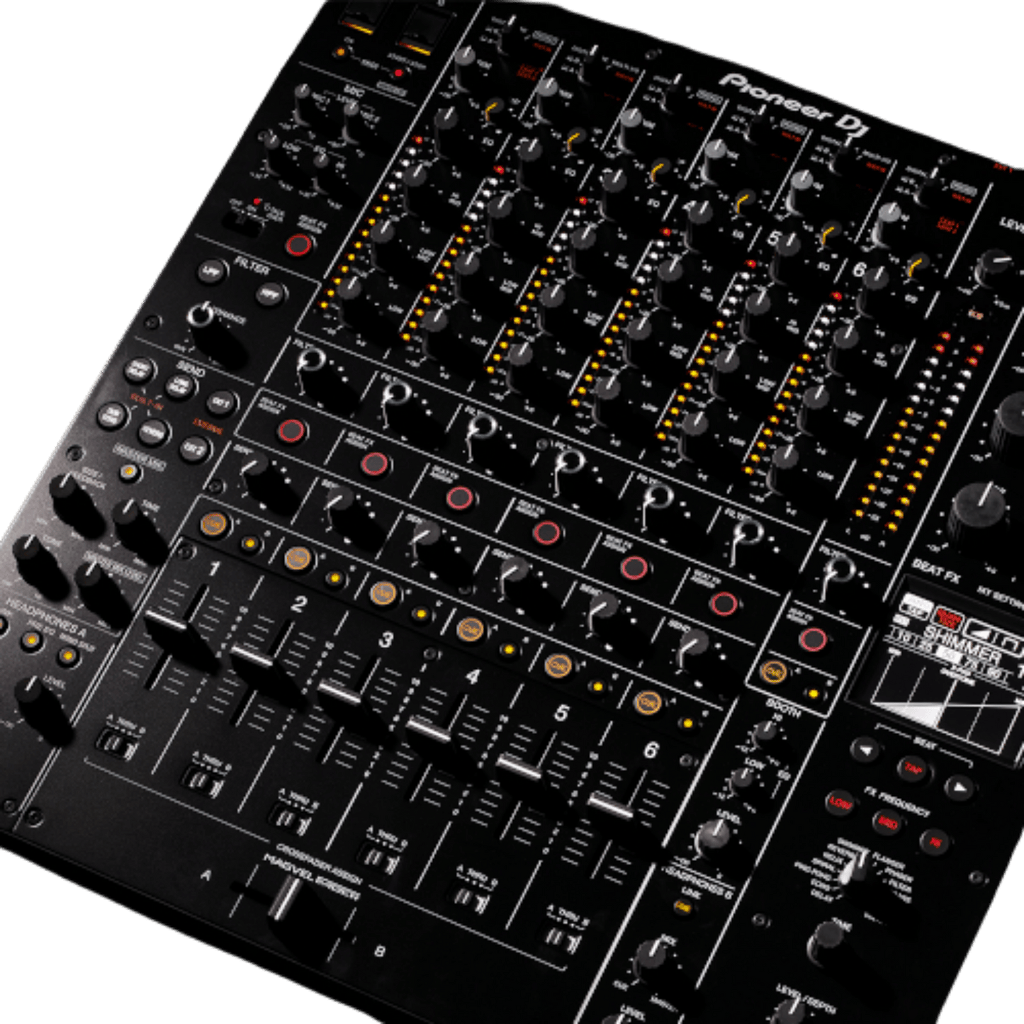 Pioneer DJ DJM-V10 professional 4-channel DJ mixer with multiple control knobs and input/output ports.