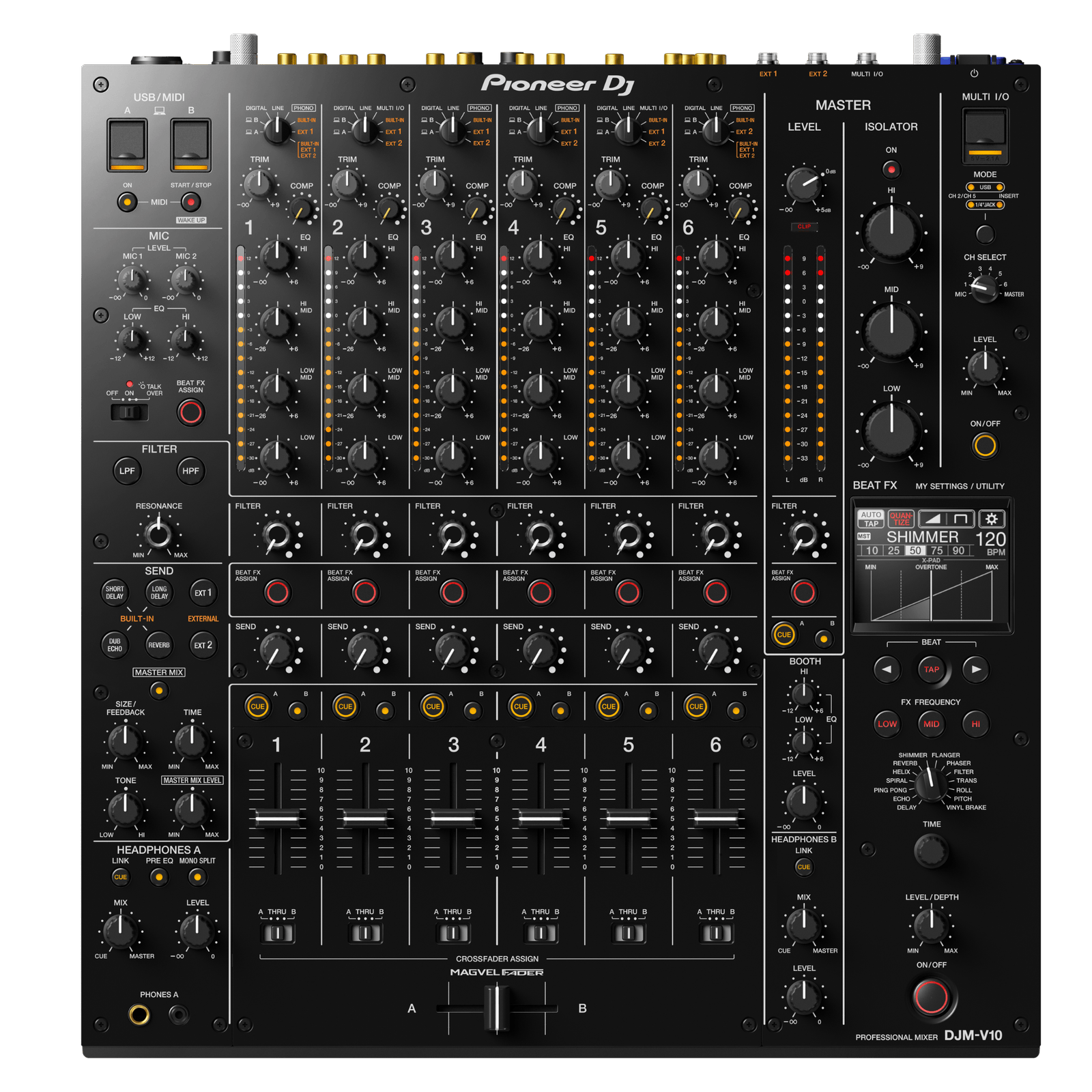 Pioneer DJ DJM-V10-LF professional 4-channel DJ mixer with multiple knobs and inputs, designed for professional DJ setups.