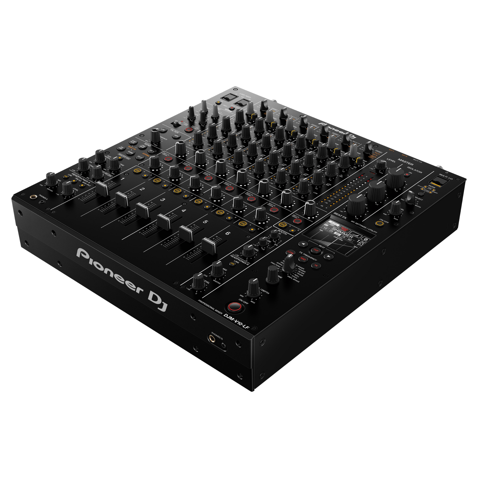 Pioneer DJ DJM-V10-LF professional 4-channel DJ mixer with multiple knobs and input jacks, used for DJ performances and mixing.