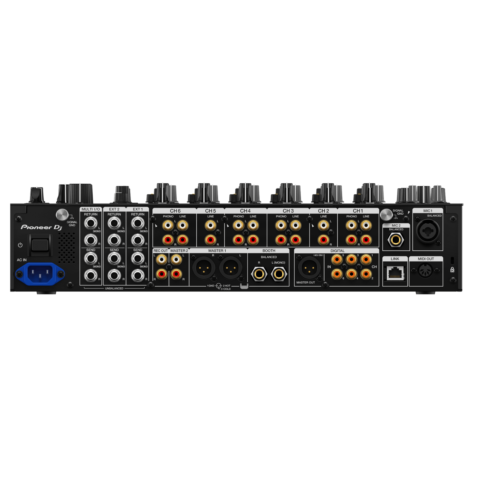 Pioneer DJ DJM-V10-LF professional 4-channel DJ mixer with multiple knobs and faders, designed for DJ performance.