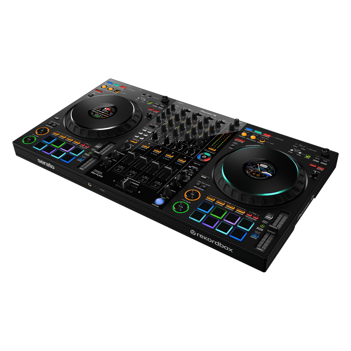 Pioneer DJ DDJ-FLX10 Rekordbox DJ controller with jog wheels, mixer, and control buttons for professional DJ performances