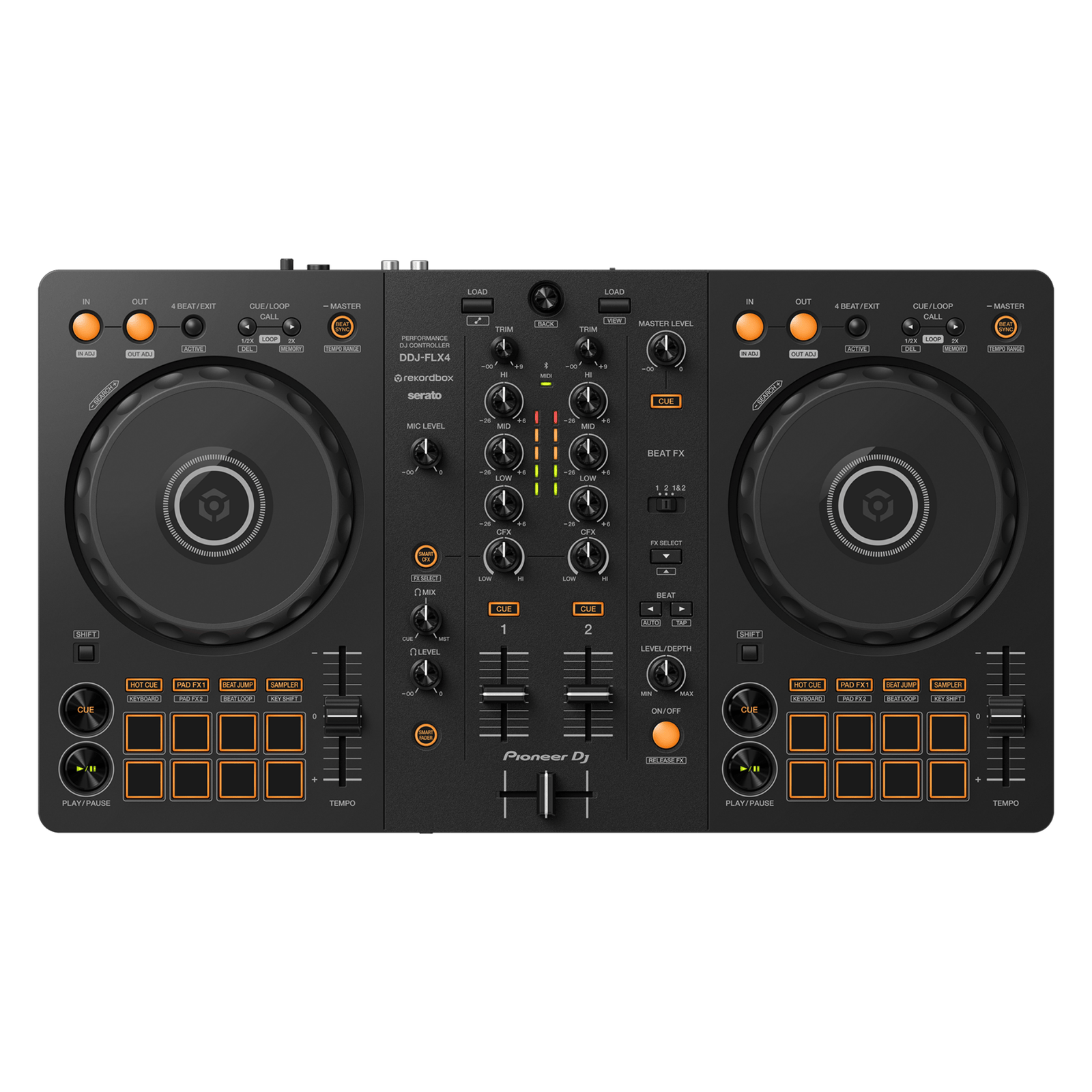 Pioneer DJ DDJ-FLX4 Rekordbox controller with jog wheels, performance pads, and control knobs for DJ mixing and playback.