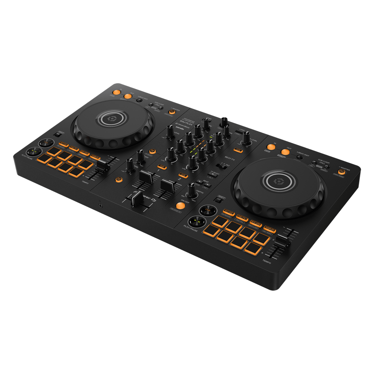 Pioneer DJ DDJ-FLX4 Rekordbox DJ controller with jog wheels, mixer faders, and control buttons for seamless music mixing.