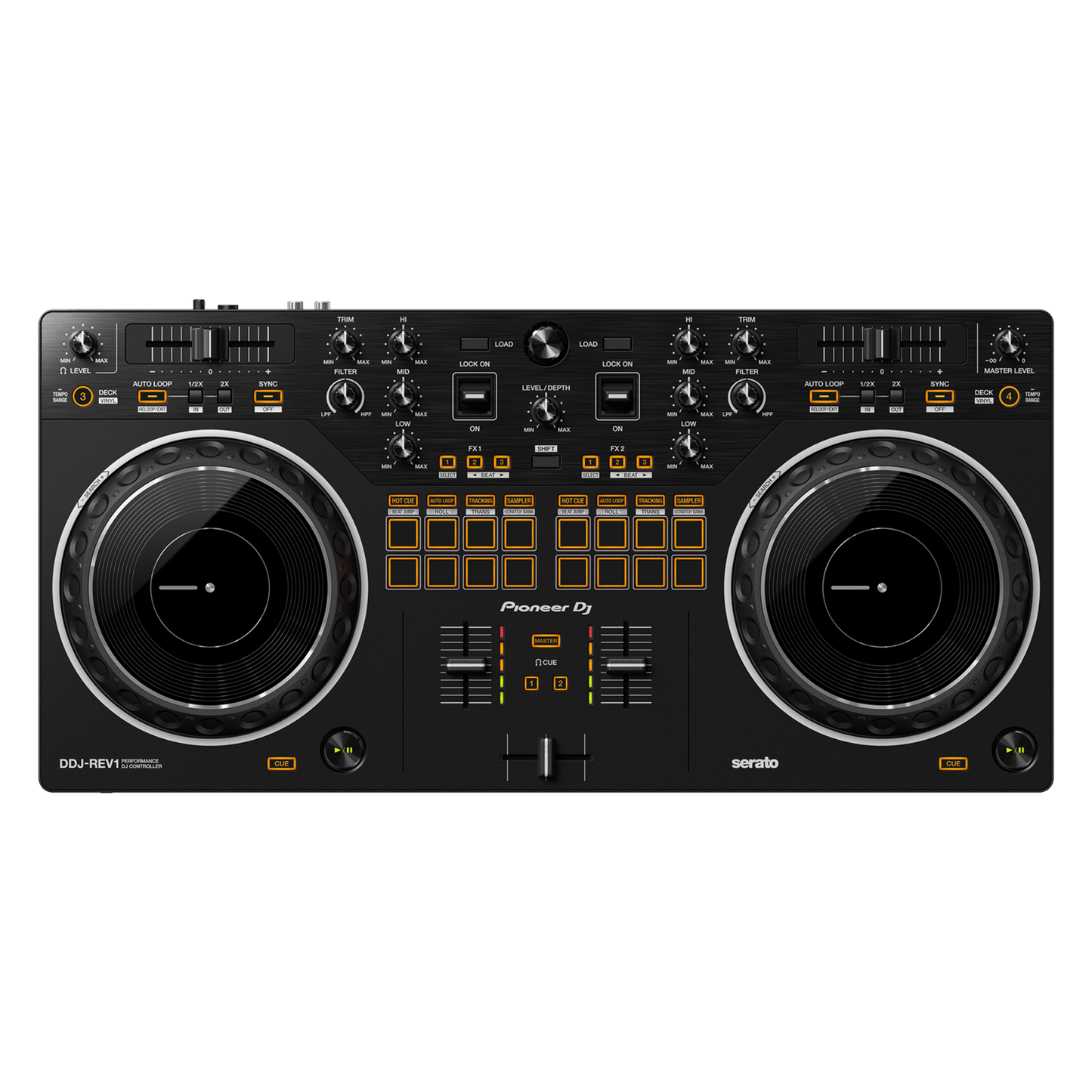 Pioneer DJ DDJ-REV1 Rev Series scratch DJ controller with jog wheels, mixer controls, and colorful performance pads.