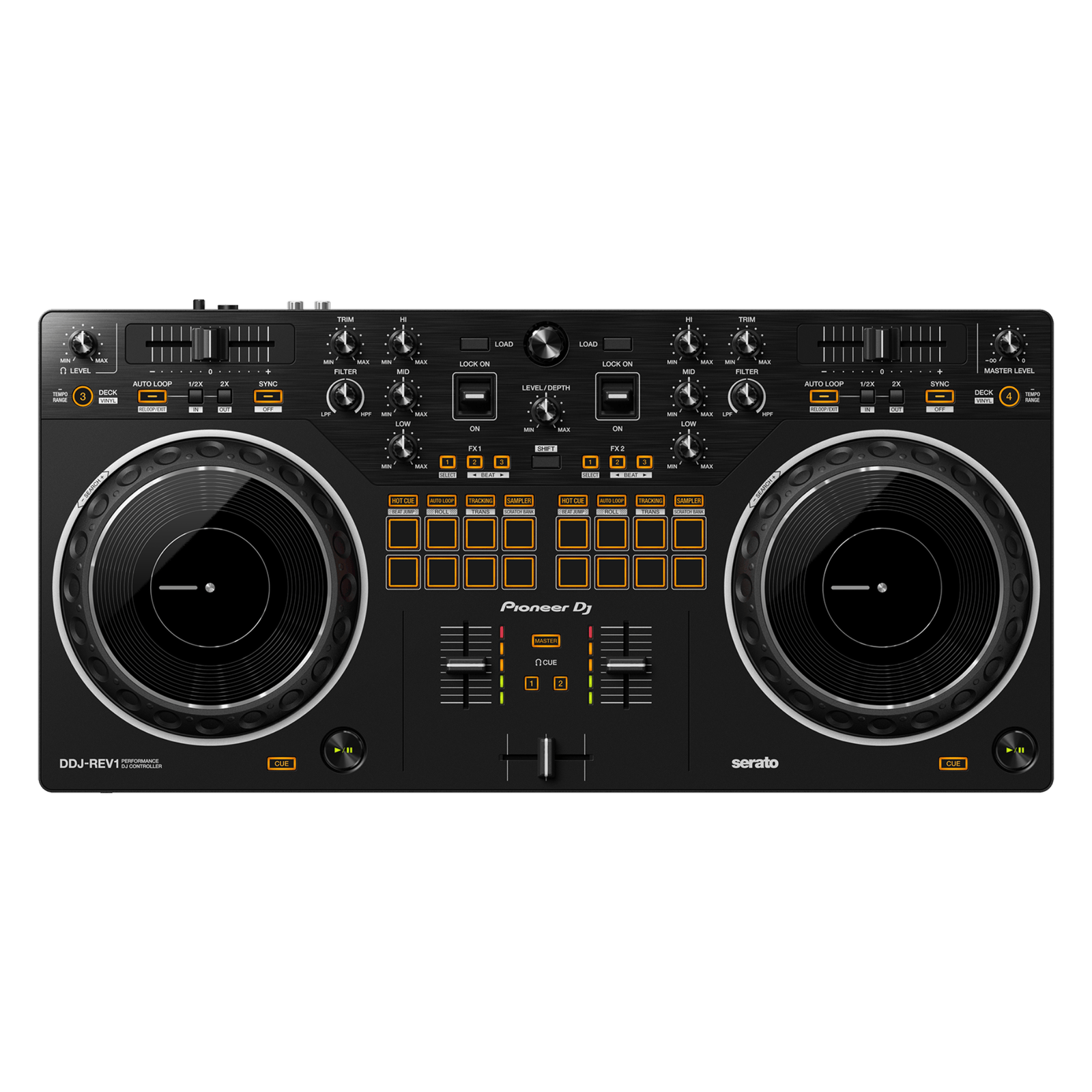 Pioneer DJ DDJ-REV1 Rev Series scratch DJ controller with jog wheels, mixer controls, and colorful performance pads.