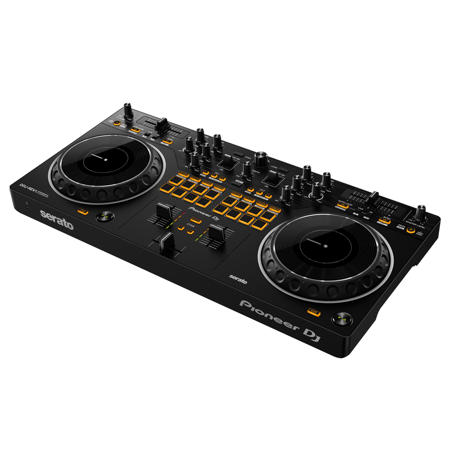 Pioneer DJ DDJ-REV1 Rev Series scratch DJ controller with jog wheels, mixer, and control buttons for professional mixing.
