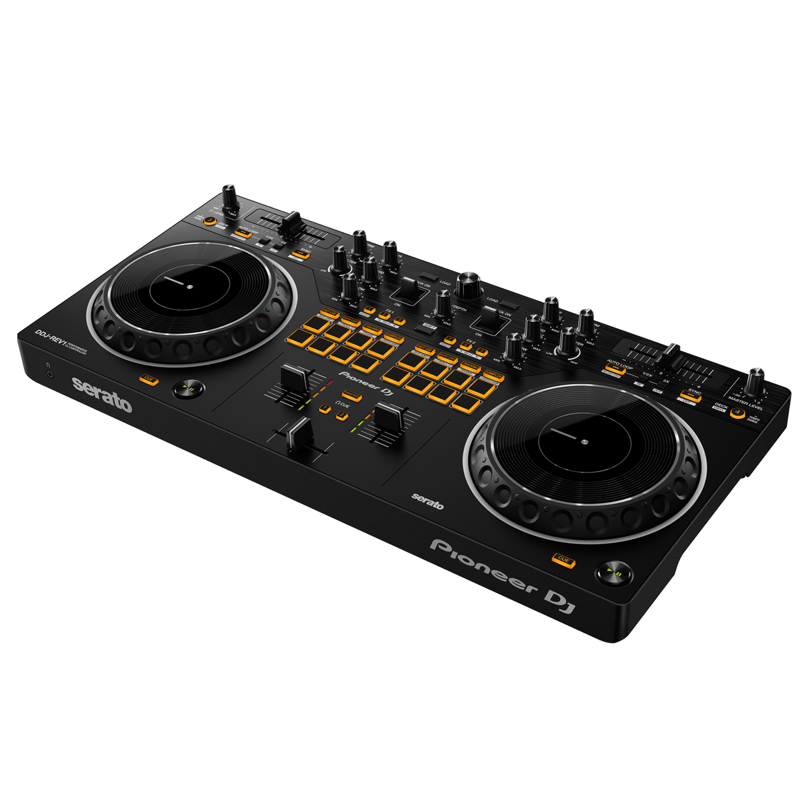 Pioneer DJ DDJ-REV1 Rev Series scratch DJ controller with jog wheels, mixer, and control buttons for professional mixing.