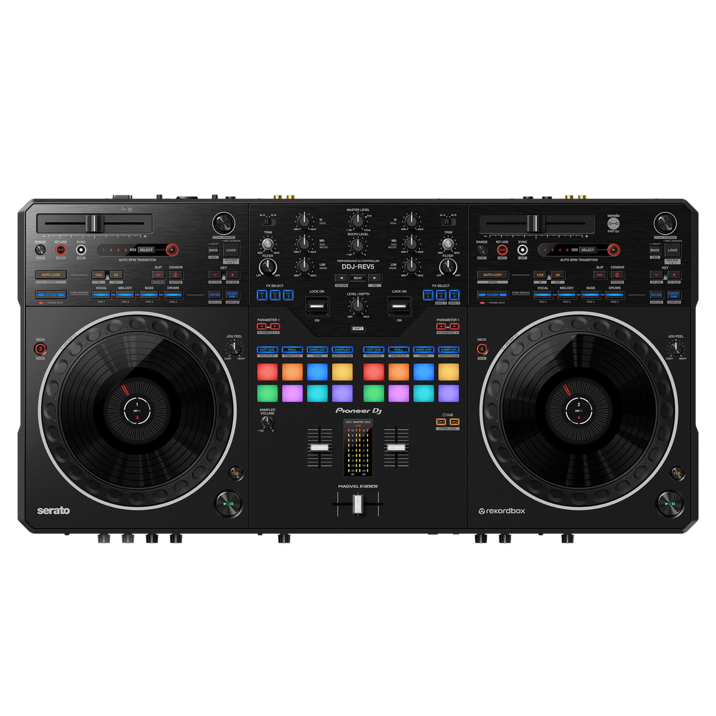Pioneer DJ DDJ-REV5 Scratch controller from the Rev Series with jog wheels, mixer controls, and professional DJ features.