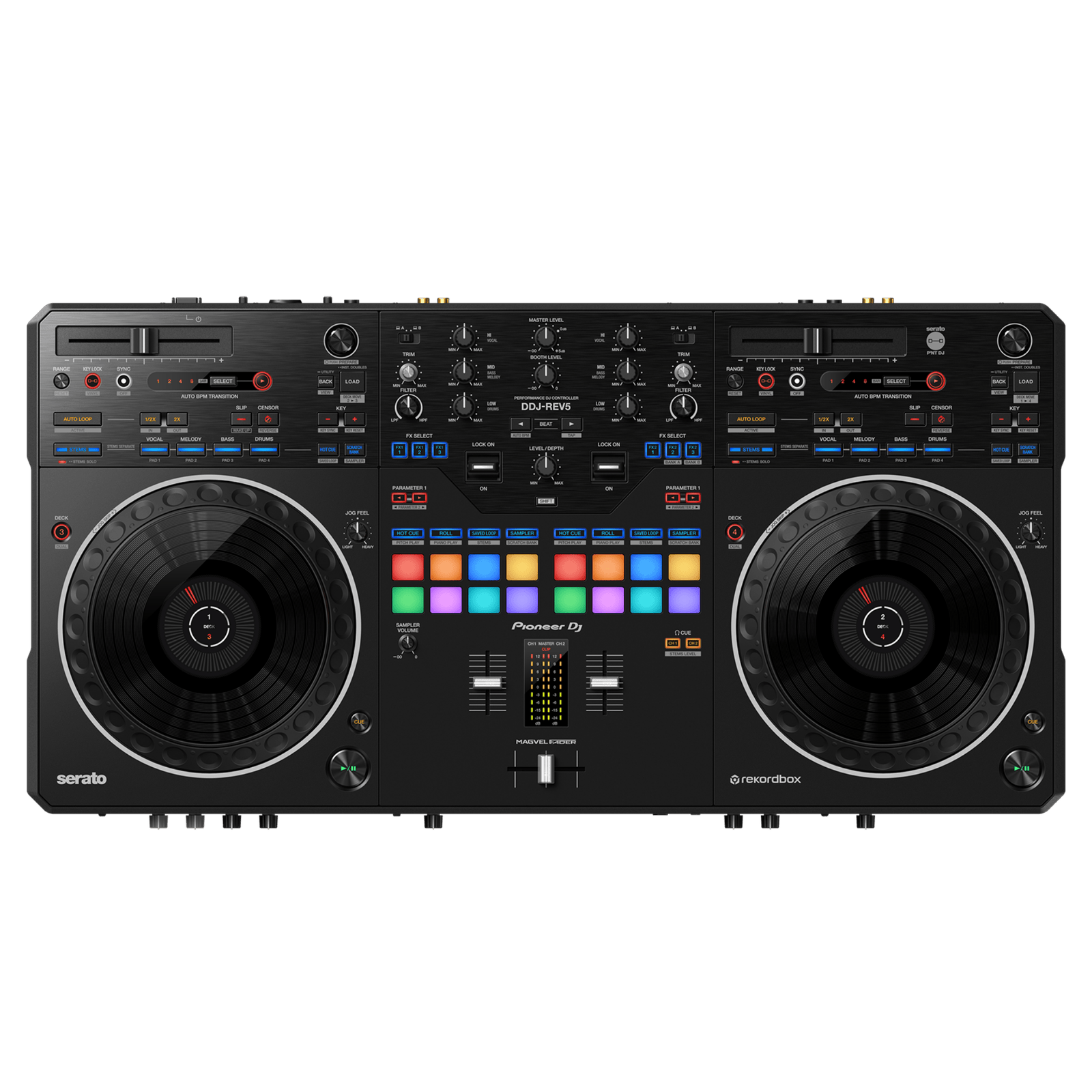 Pioneer DJ DDJ-REV5 Scratch controller from the Rev Series with jog wheels, mixer controls, and professional DJ features.
