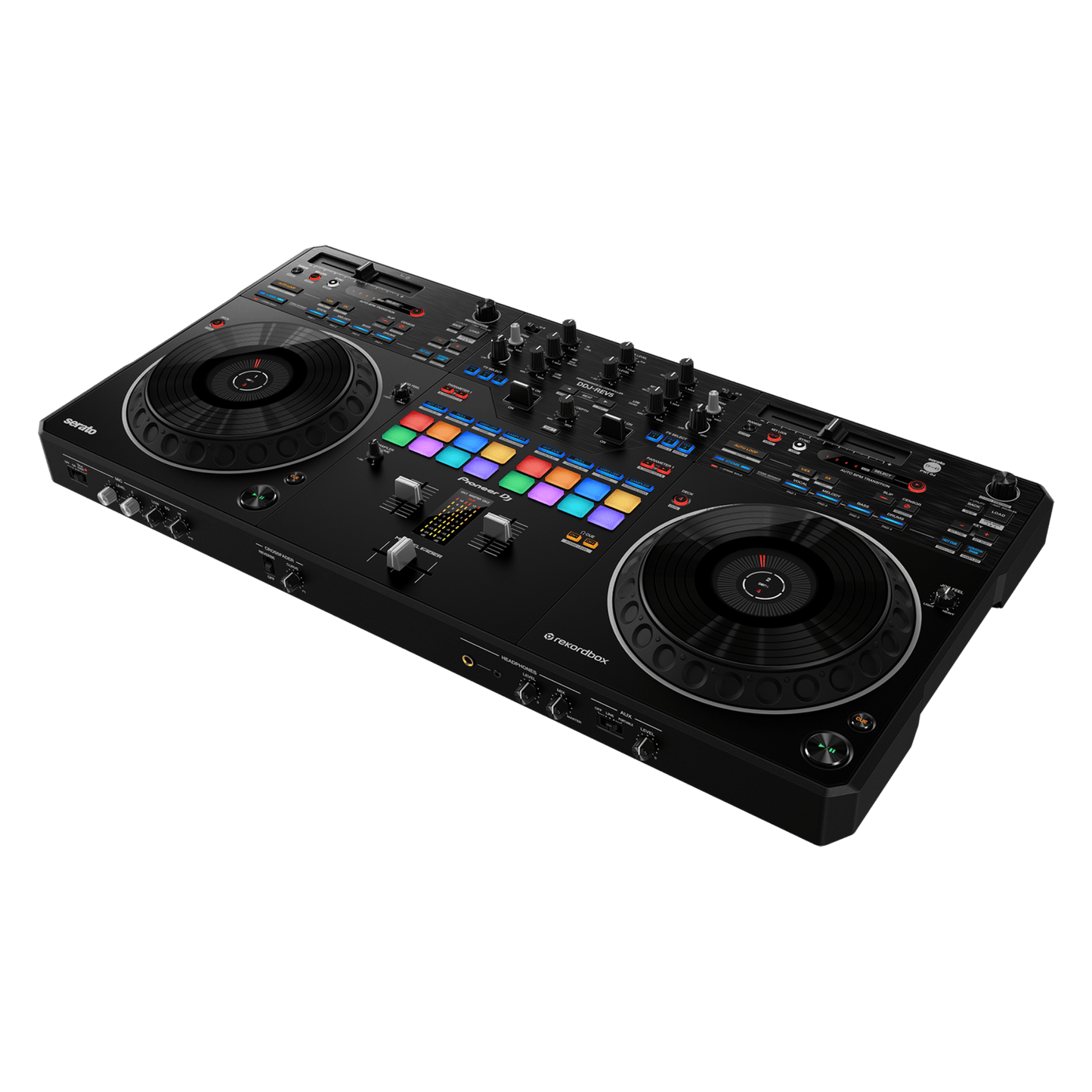 Pioneer DJ DDJ-REV5 Scratch Series DJ controller with jog wheels, mixer knobs, and performance pads for professional DJing.