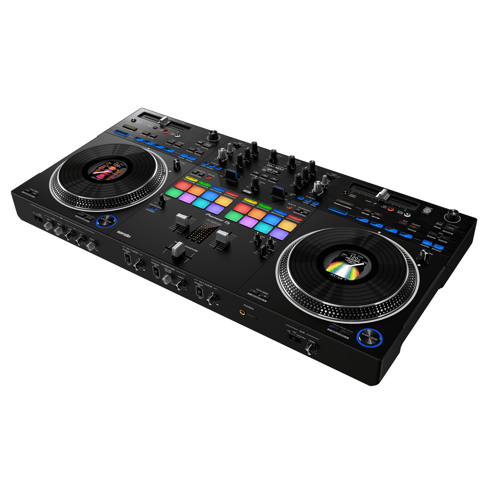 Pioneer DJ DDJ-REV7 Scratch DJ Controller from the Rev Series with jog wheels, controls, and colorful interface visible.