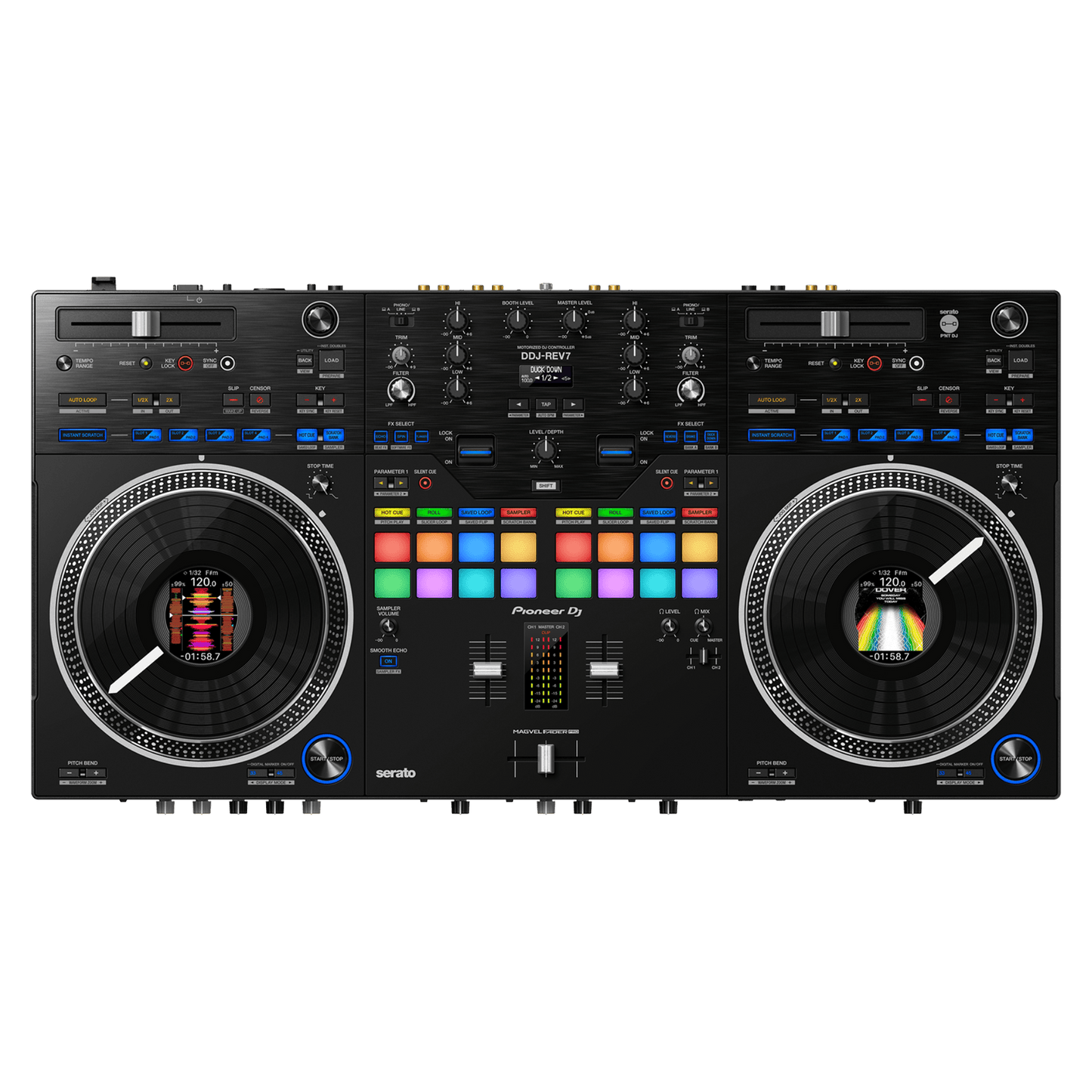 Pioneer DJ DDJ-REV7 Rev Series scratch DJ controller with jog wheels and control buttons, designed for professional DJ performances.