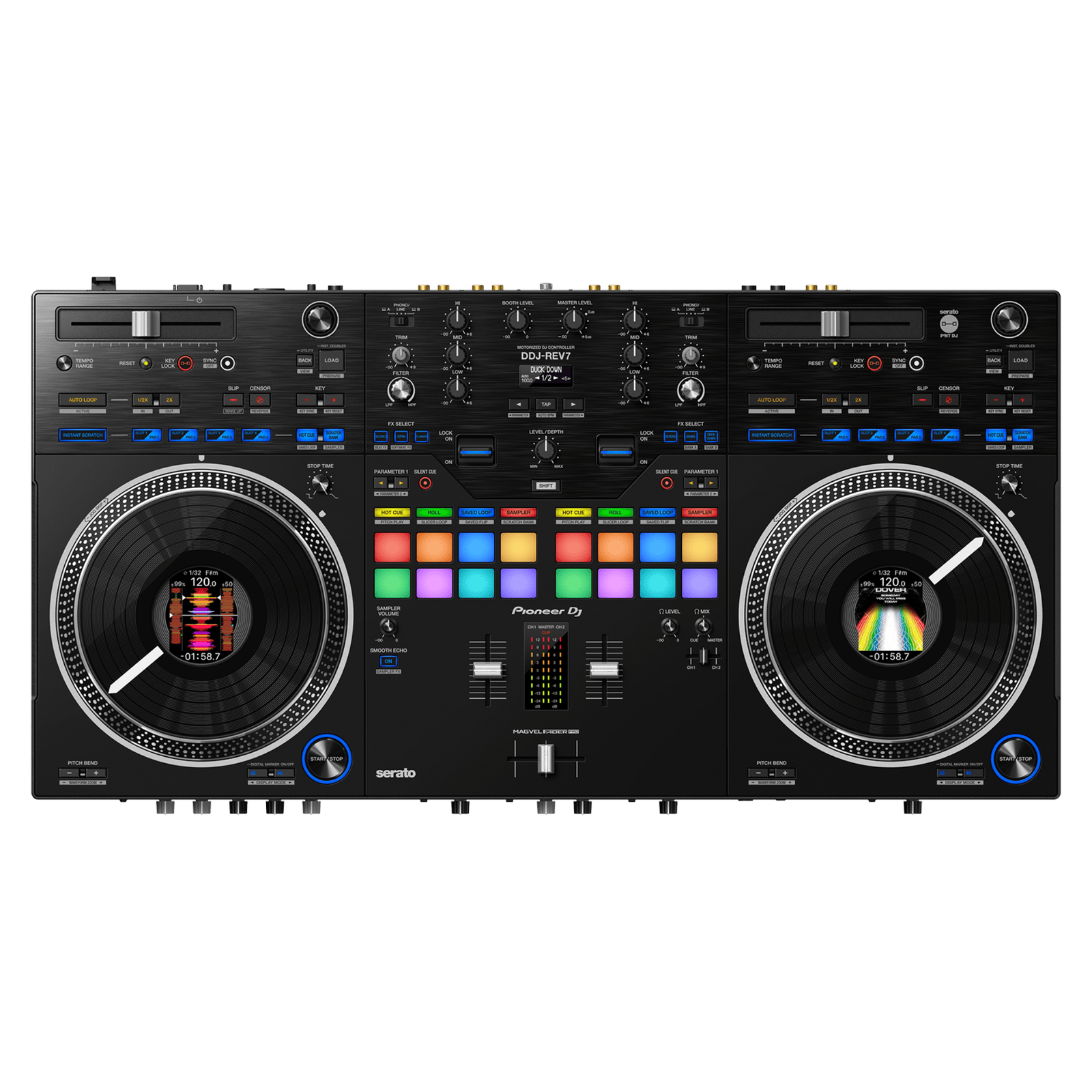 Pioneer DJ DDJ-REV7 Rev Series scratch DJ controller with jog wheels and control buttons, designed for professional DJ performances.