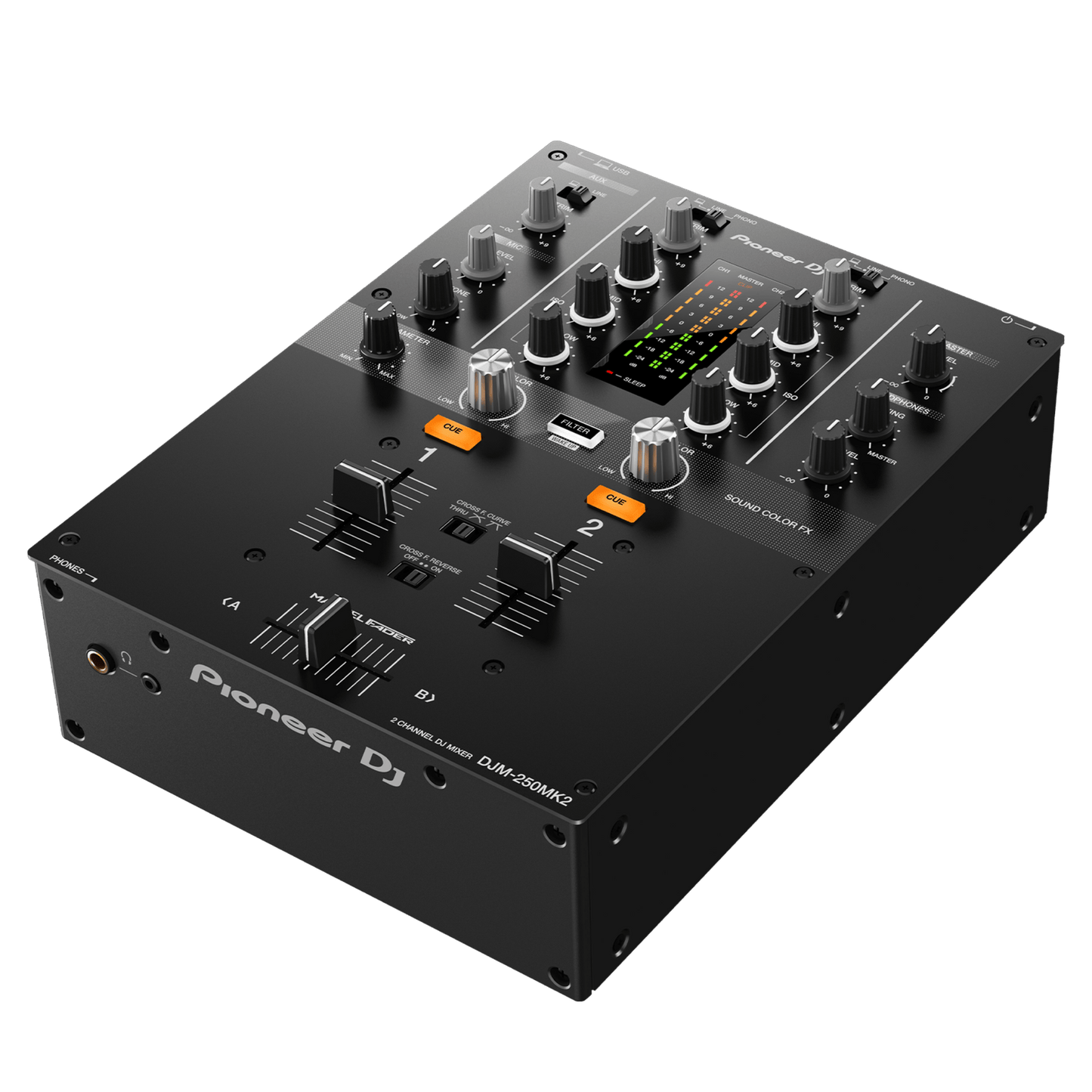 Pioneer DJ DJM-250MK2 scratch and 2-channel DJ mixer with professional controls and colorful LED indicators.