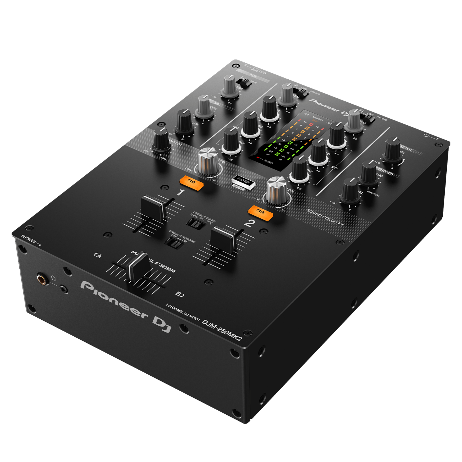 Pioneer DJ DJM-250MK2 scratch and 2-channel DJ mixer with professional controls and colorful LED indicators.