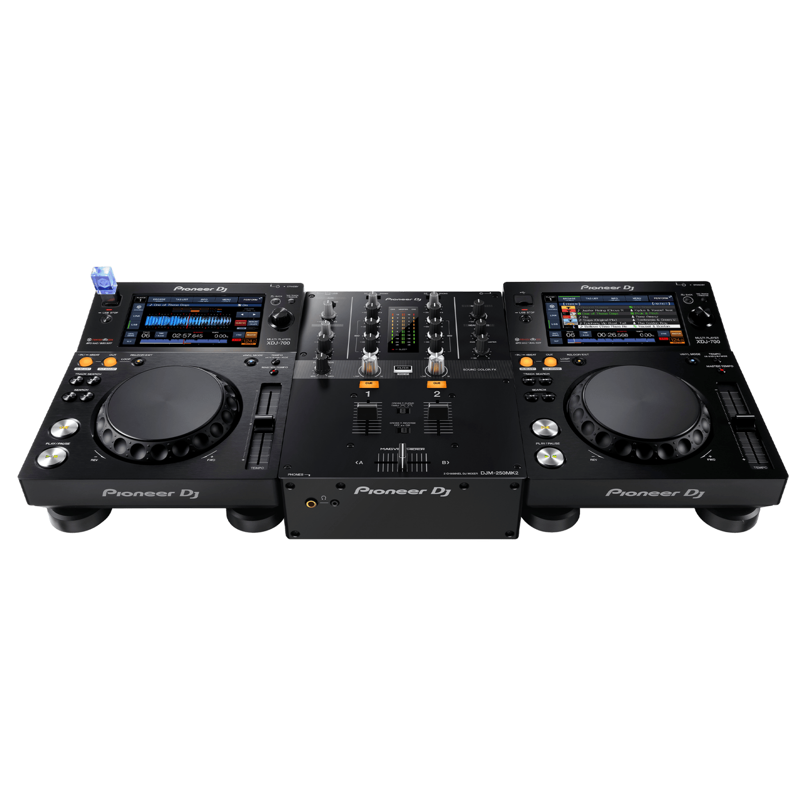 Pioneer DJ DJM-250MK2 scratch and 2-channel DJ mixer with multiple controls and input options, displayed on a table.