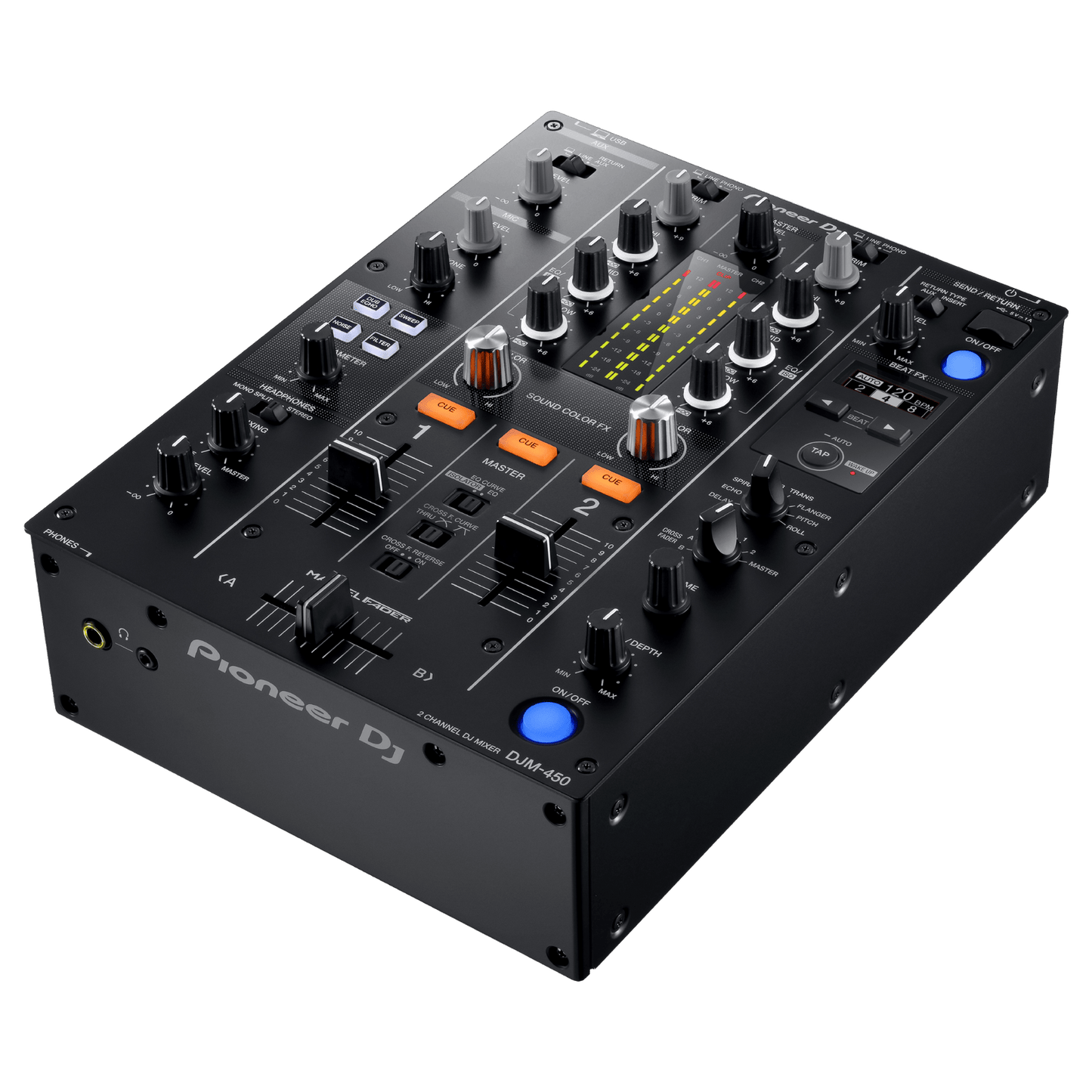 Pioneer DJ DJM-450 scratch and 2-channel DJ mixer with professional controls and sleek black design.
