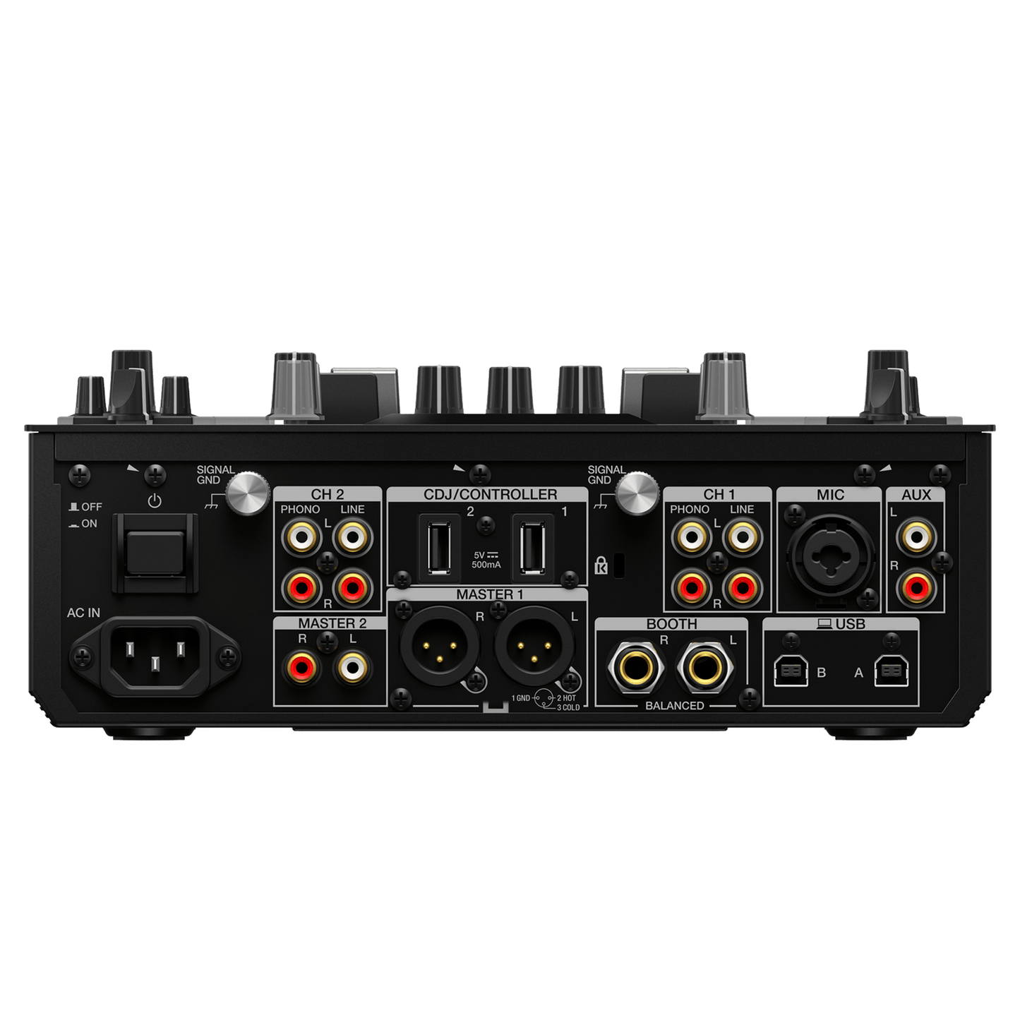 Pioneer DJ DJM-S11 scratch and 2-channel DJ mixer with detailed controls and colorful RGB lighting for professional turntablism.