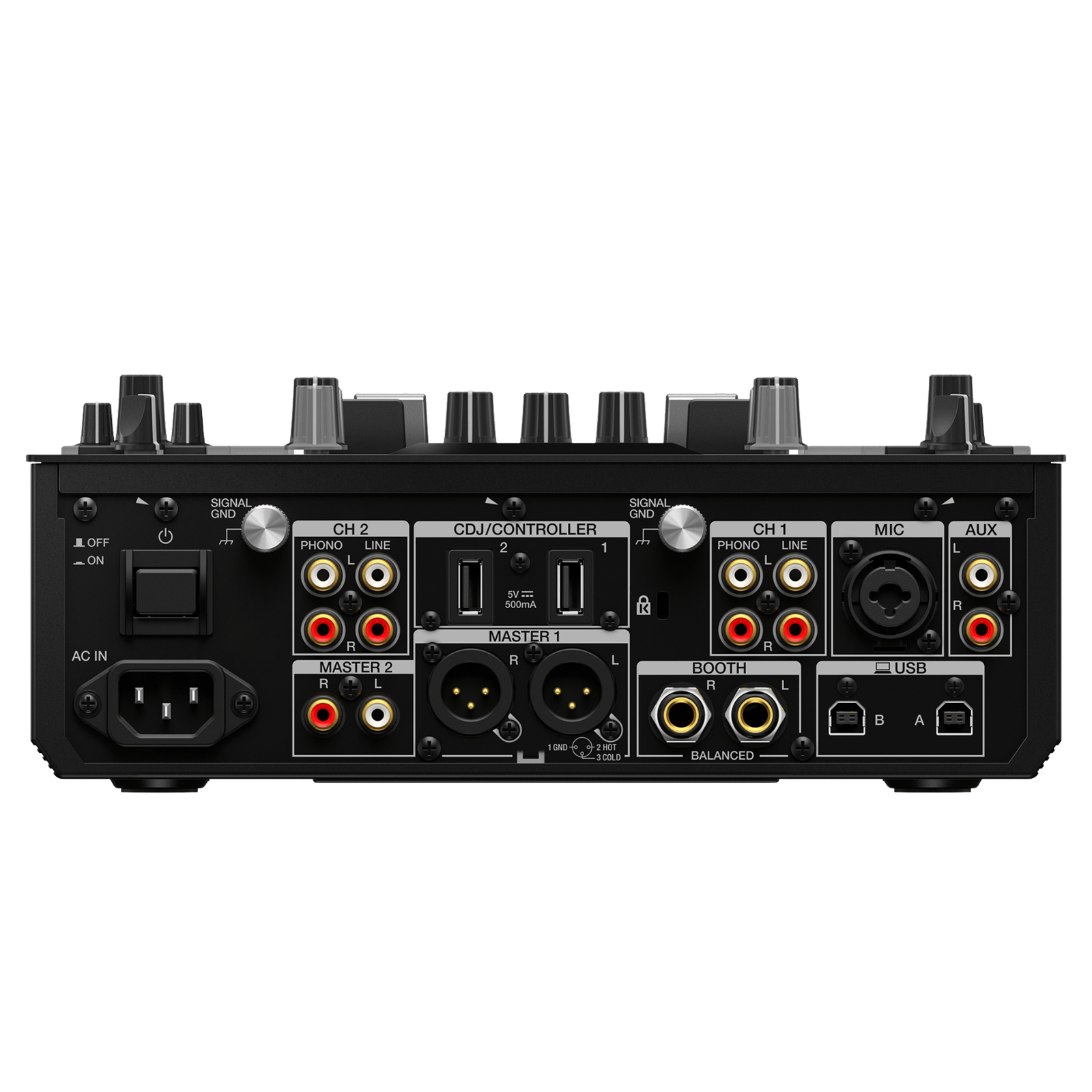 Pioneer DJ DJM-S11 scratch and 2-channel DJ mixer with detailed controls and colorful RGB lighting for professional turntablism.