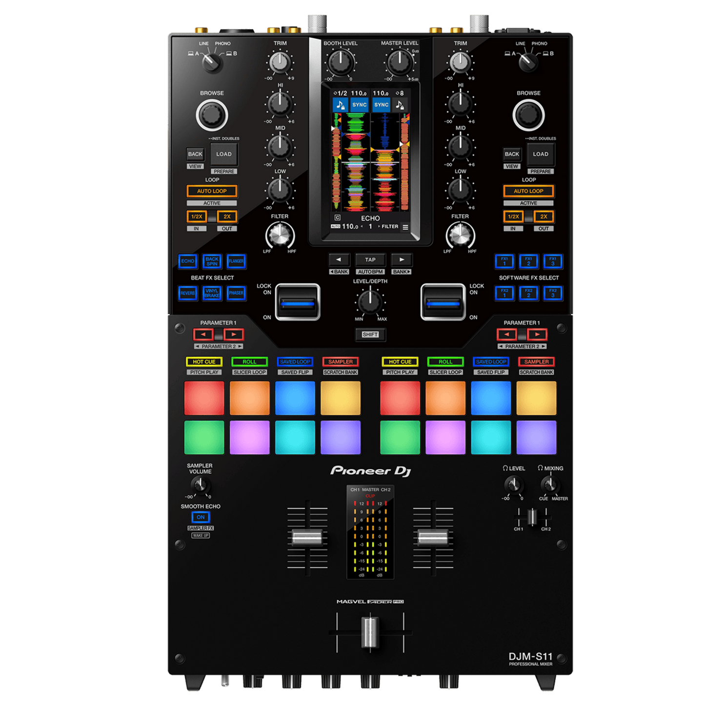 Pioneer DJ DJM-S11 scratch and 2-channel DJ mixer with ergonomic controls and professional audio interface.