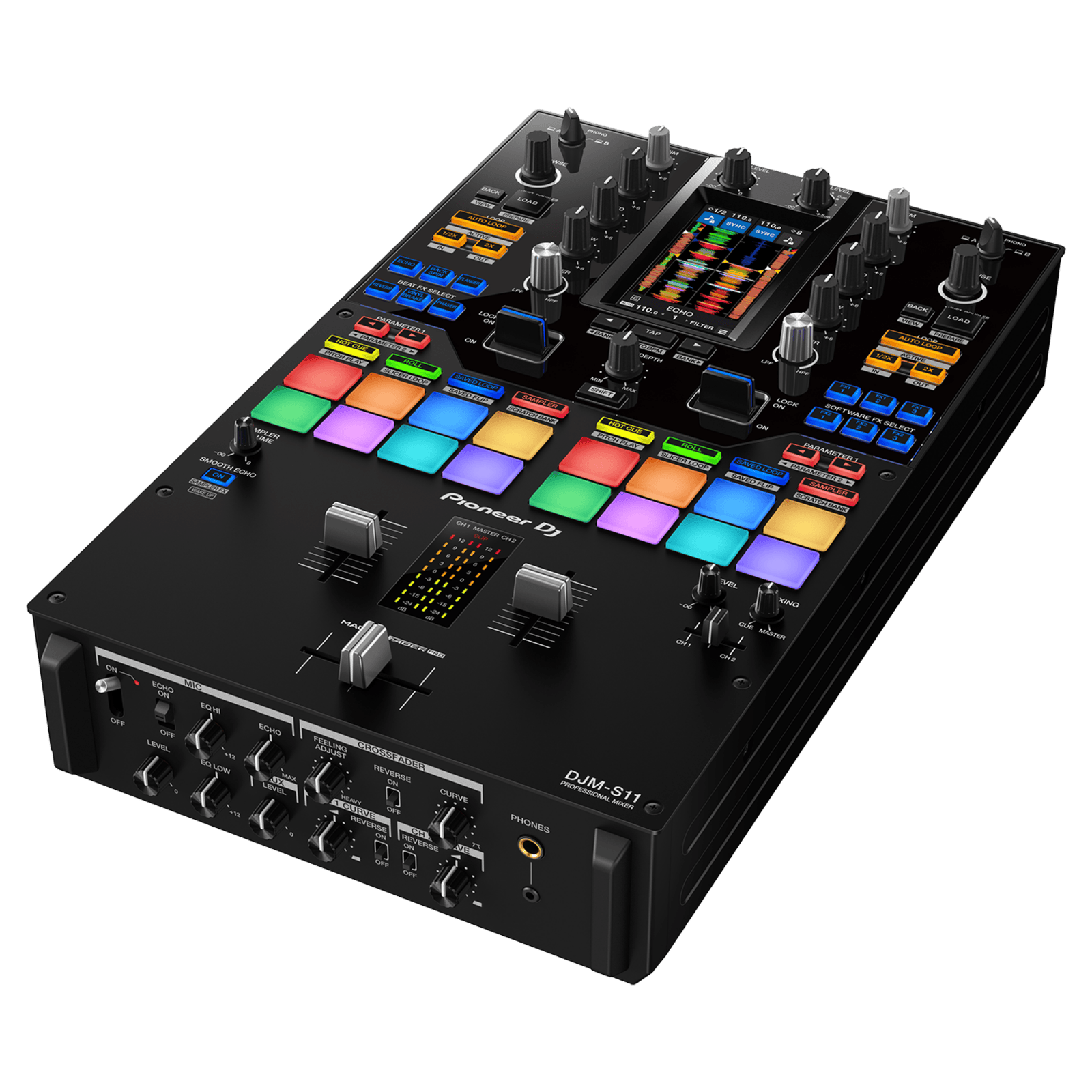 Pioneer DJ DJM-S11 scratch and 2-channel DJ mixer with jog wheels and control knobs, designed for professional DJ setups.