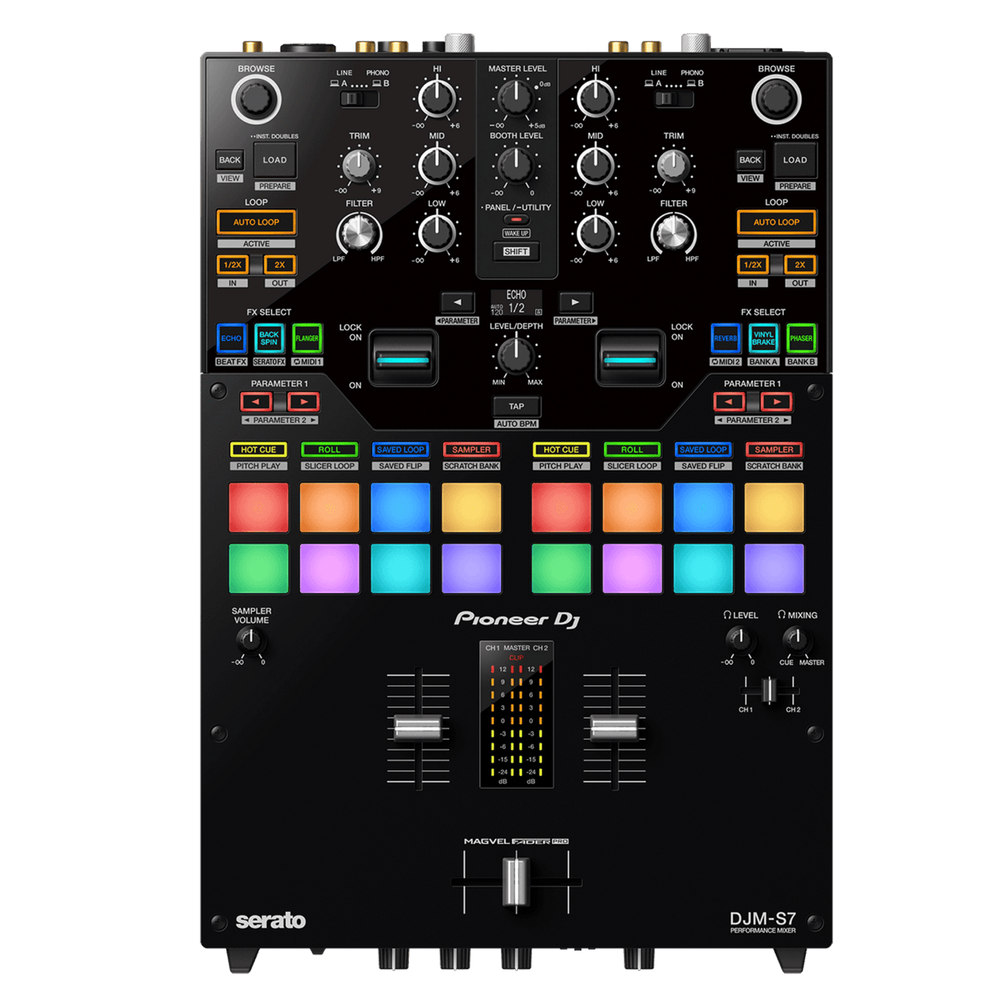 Pioneer DJ DJM-S7 scratch and 2-channel DJ mixer with colorful performance pads and sleek black design.