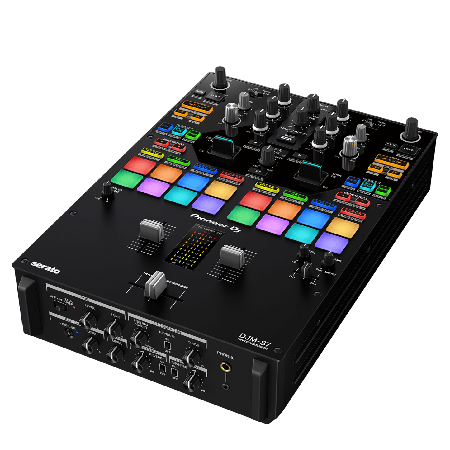 Pioneer DJ DJM-S7 scratch and 2-channel DJ mixer with touch-sensitive controls and professional audio features.